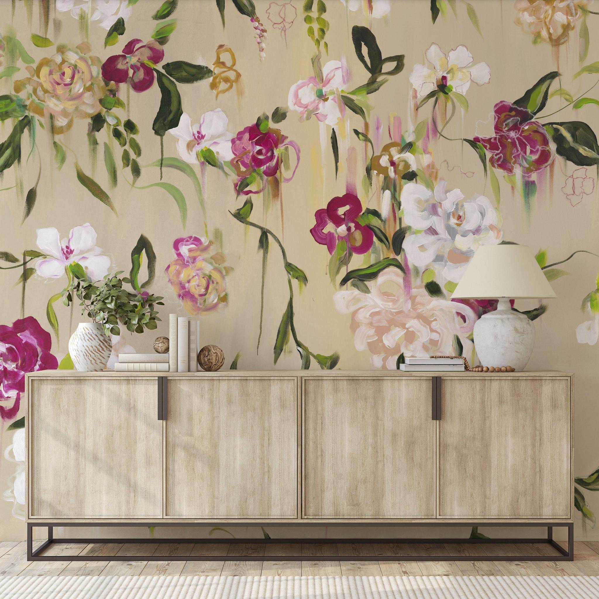 Mariposa Wallpaper by The Katie Small Line, floral design in a modern living room setting, wall decor focus.