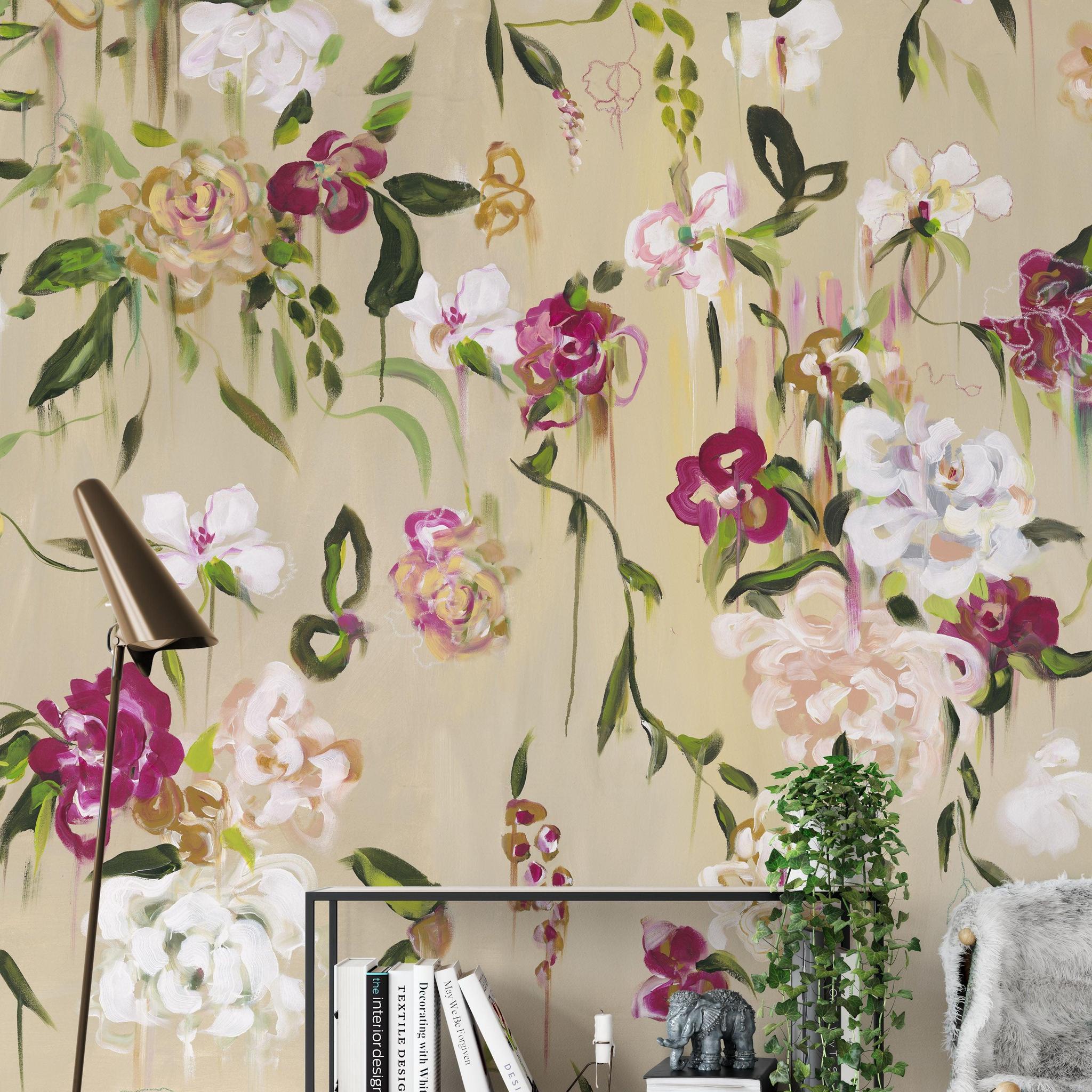 Mariposa Wallpaper by The Katie Small Line in a styled living room, with vibrant floral patterns as focus.