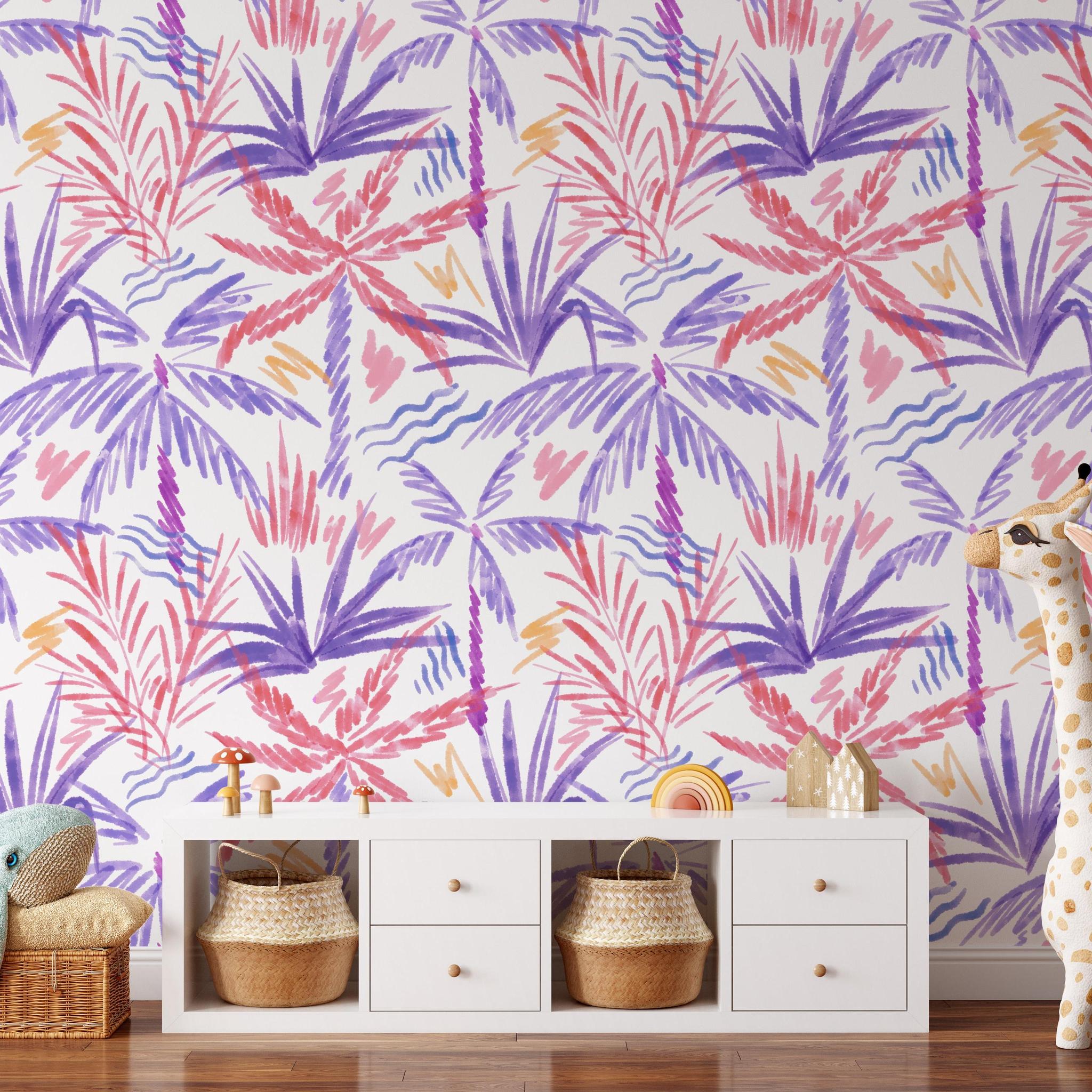 Nim Wallpaper by Wall Blush SG02 with colorful tropical pattern in a stylish child's room, focus on wall decor.