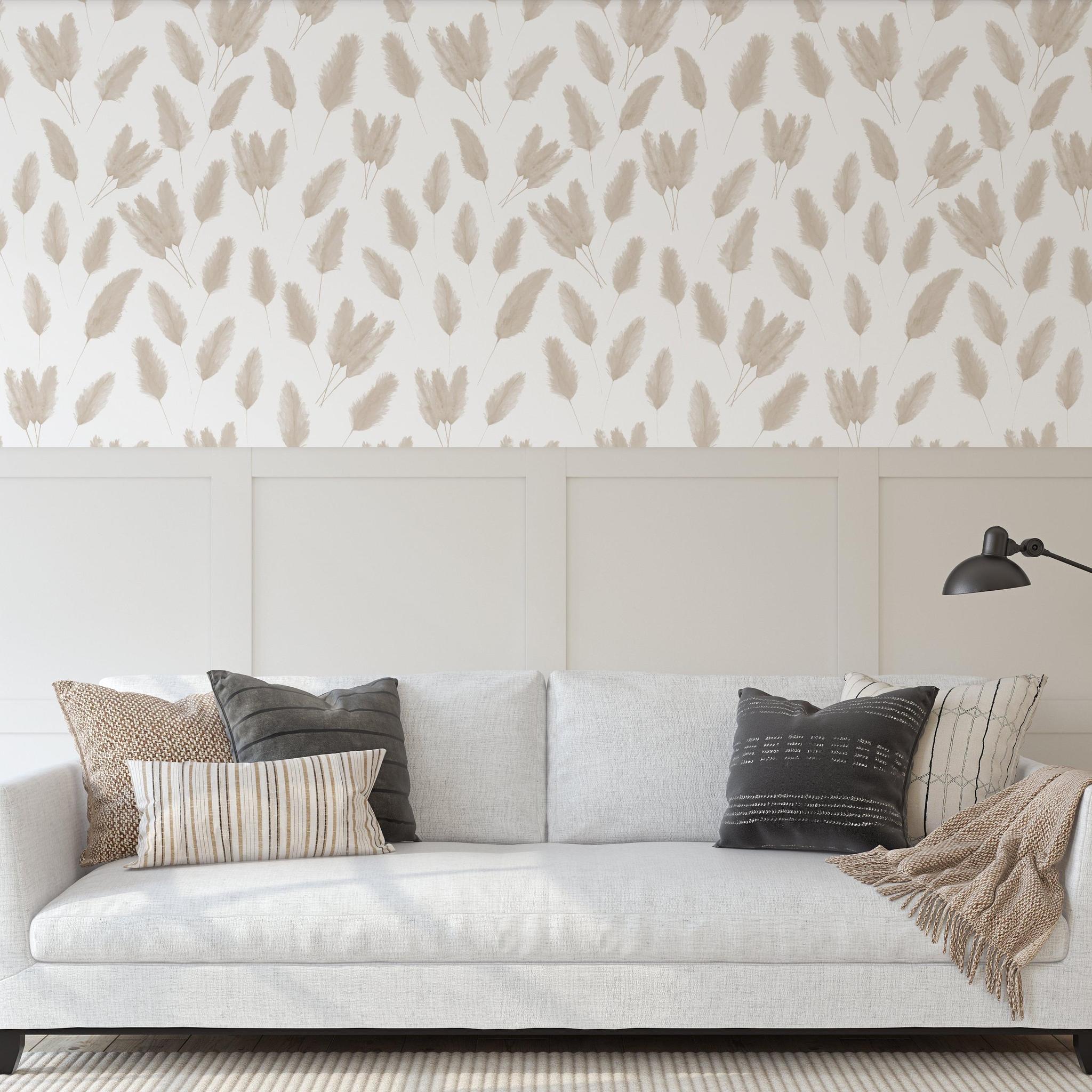 Serena Wallpaper by Wall Blush accentuates living room walls with elegant botanical patterns.