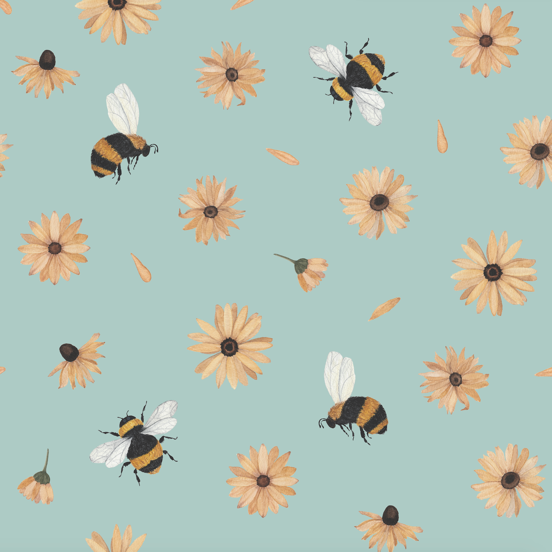 Wall Blush's Bumble (Blue) Wallpaper, ideal for a nursery, with charming bee and flower design.
