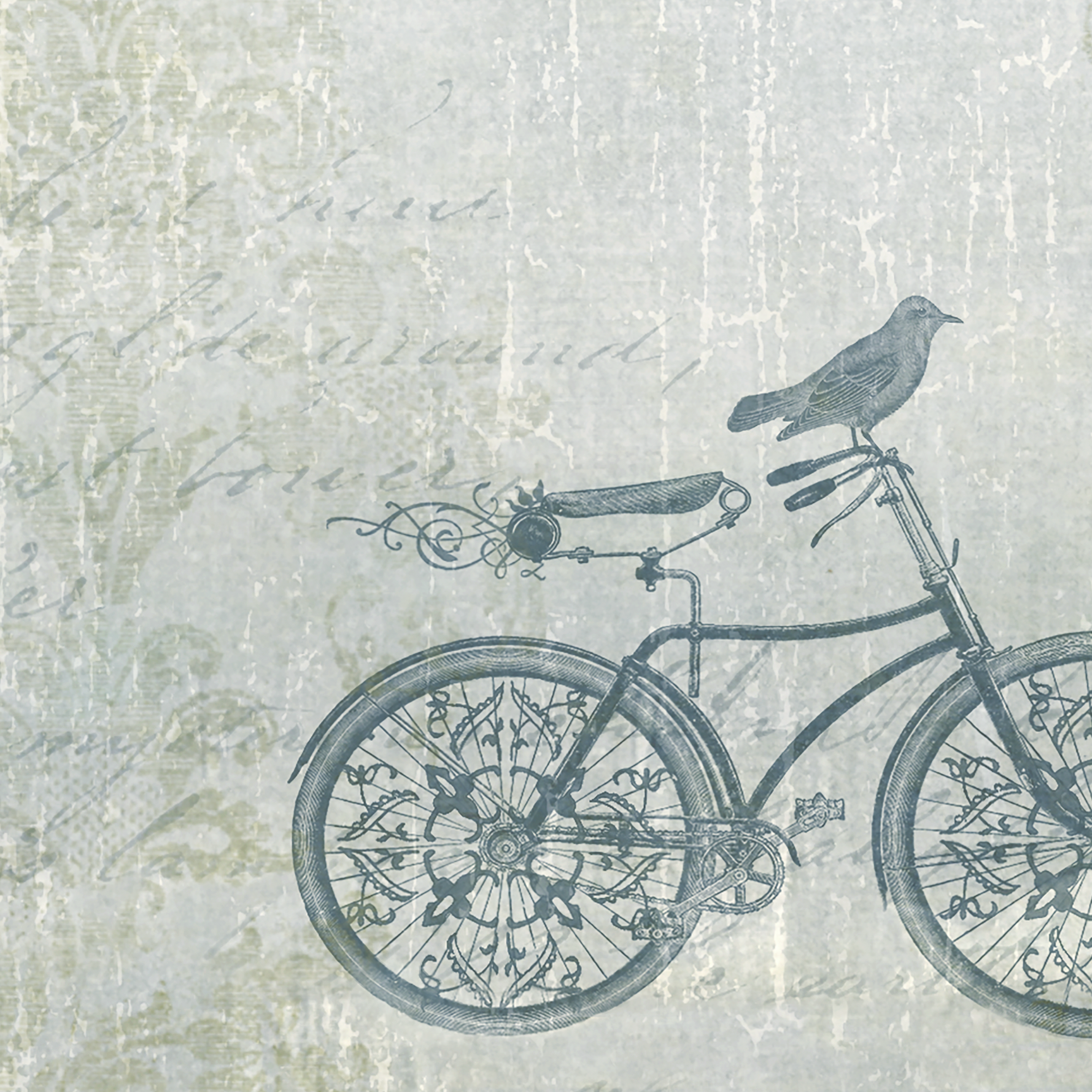 Blue J's Wallpaper by The 7th Haven Interiors Line featuring vintage bicycle design in a living space.