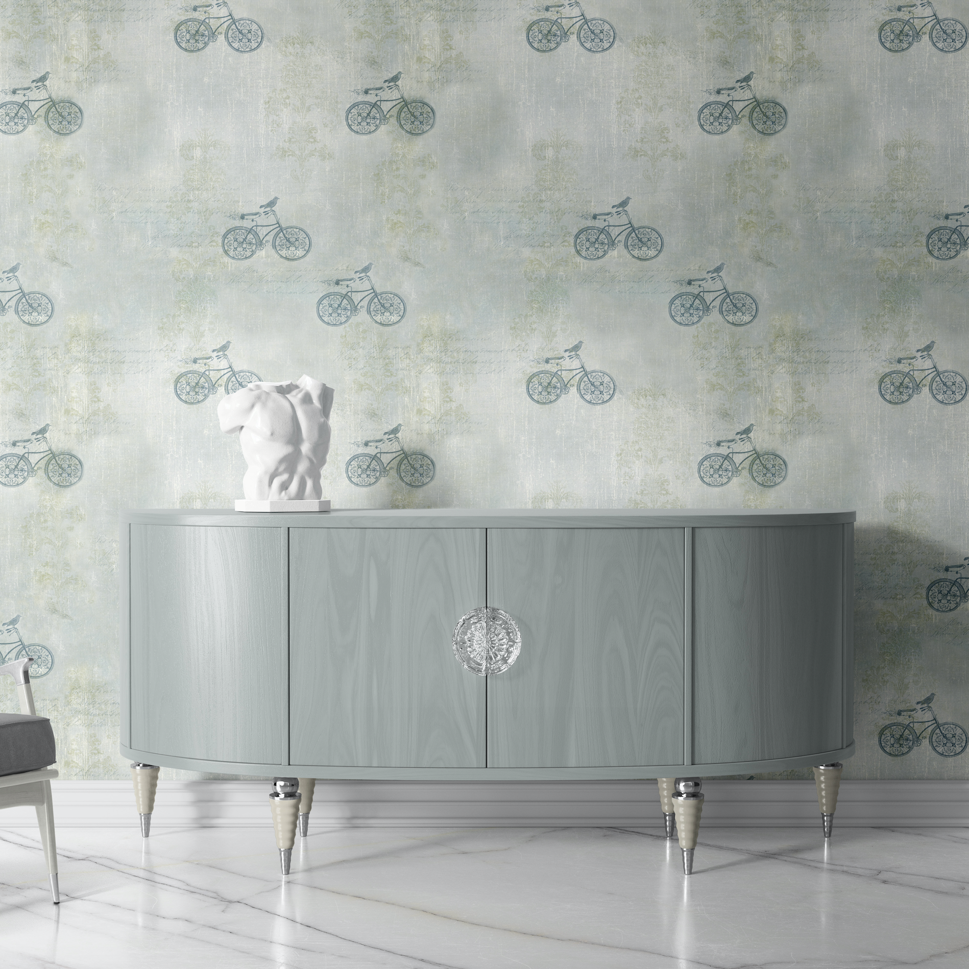 Blue J's Wallpaper from The 7th Haven Interiors Line in an elegant living room focusing on the wall design.