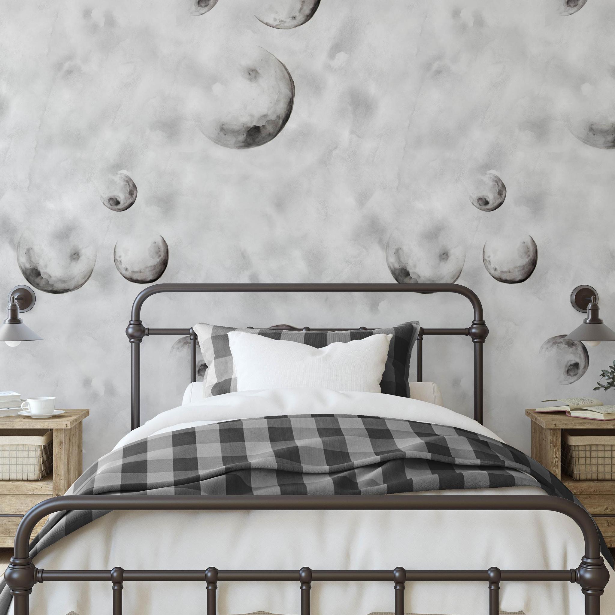 To the Moon Wallpaper by The Minty Line in modern bedroom with moon phase patterns as focal point.