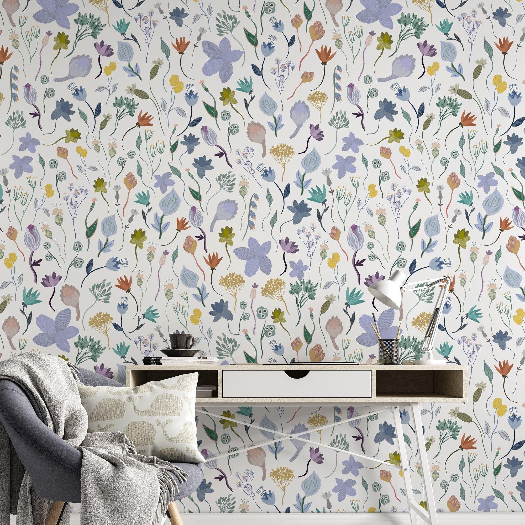 Ava Wallpaper by Wall Blush SG02 in a stylish home office with floral design focus.