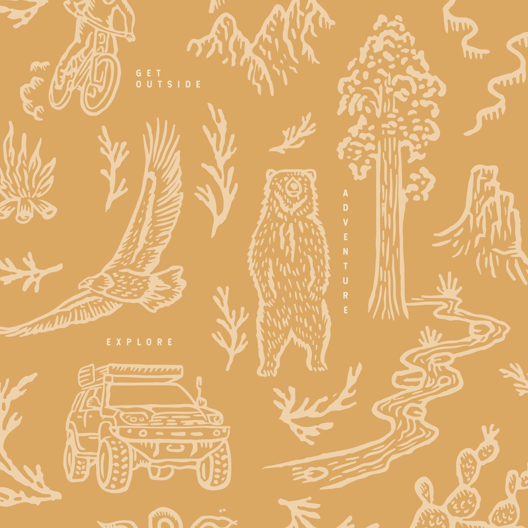 "Wall Blush 'Adventure Awaits (Orange) Wallpaper' in a cozy room, focusing on the vibrant outdoor-themed design."