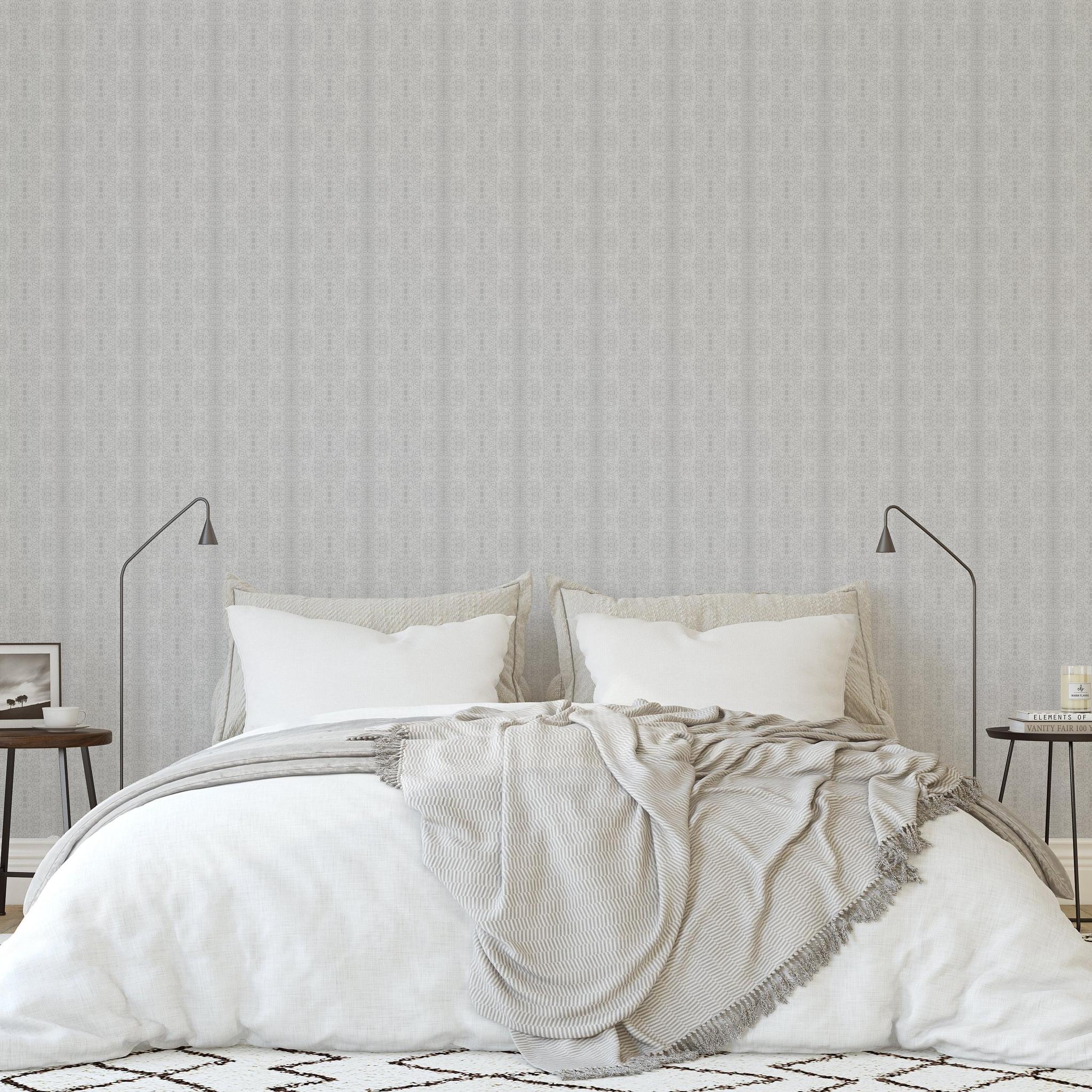 Modern bedroom featuring Ashton Wallpaper from The Chelsea DeBoer Line, emphasizing elegant wall design.