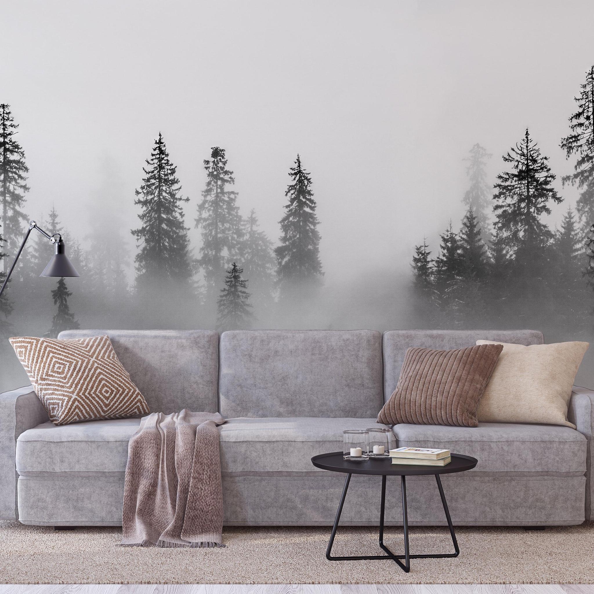 Black Pine Wallpaper by Wall Blush SG02 in modern living room with a focus on the forest-inspired wall design.