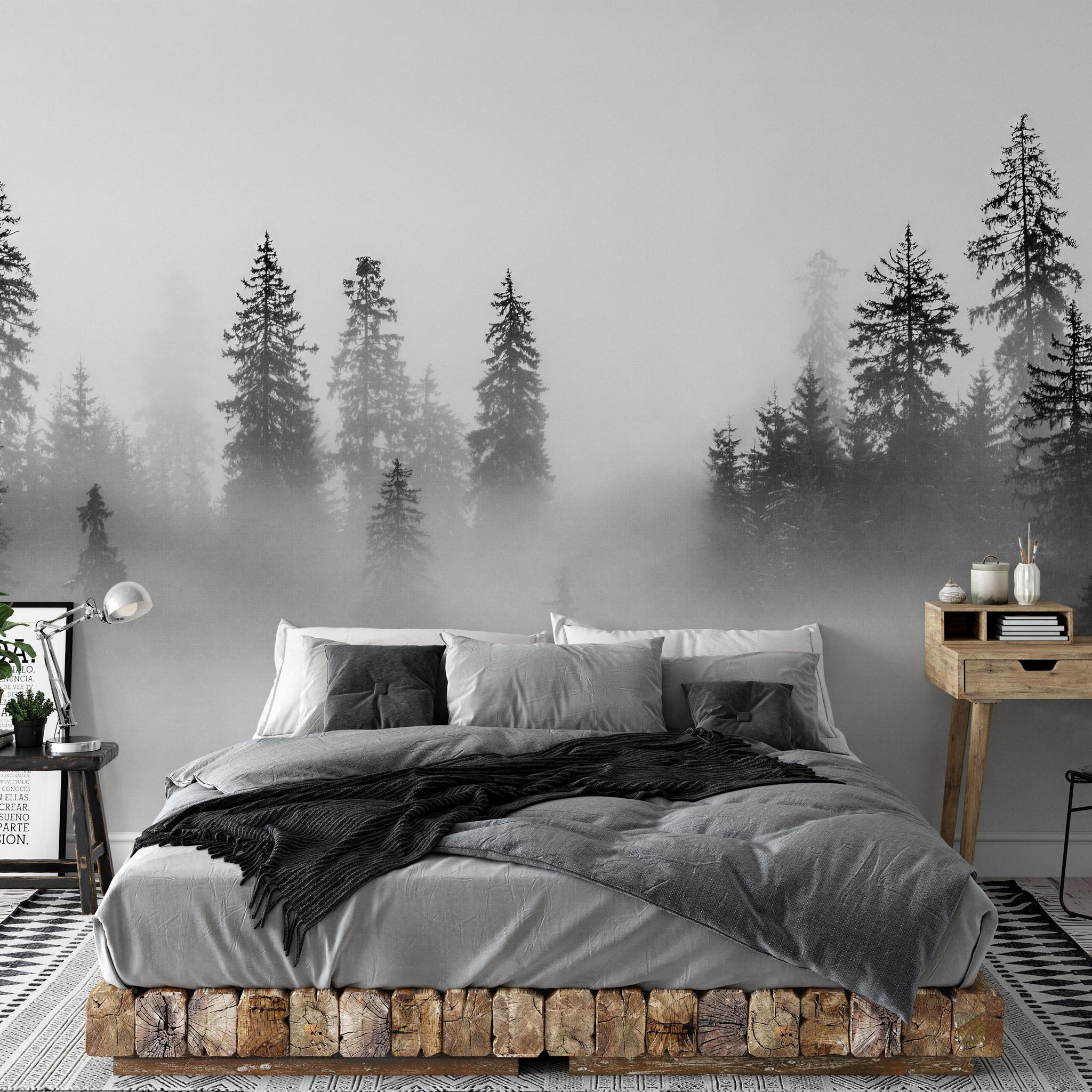 Wall Blush SG02 Black Pine Wallpaper in a stylish modern bedroom, emphasizing the tranquil forest design.