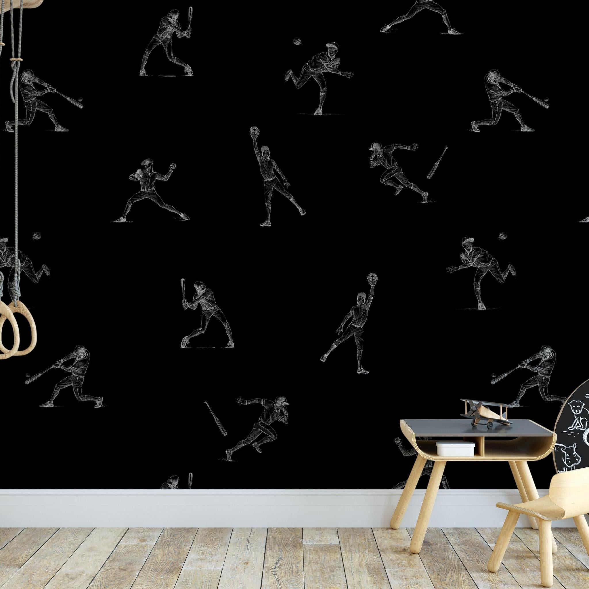 Batter's Up (Black) Wallpaper by Wall Blush SM01 in a stylish kid's room with sports theme focus.