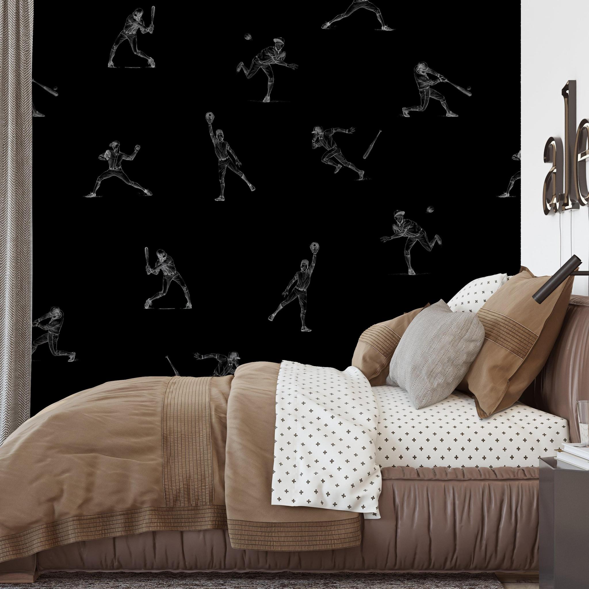 Batter's Up (Black) Wallpaper by Wall Blush SM01, featured in a stylish modern bedroom setting.