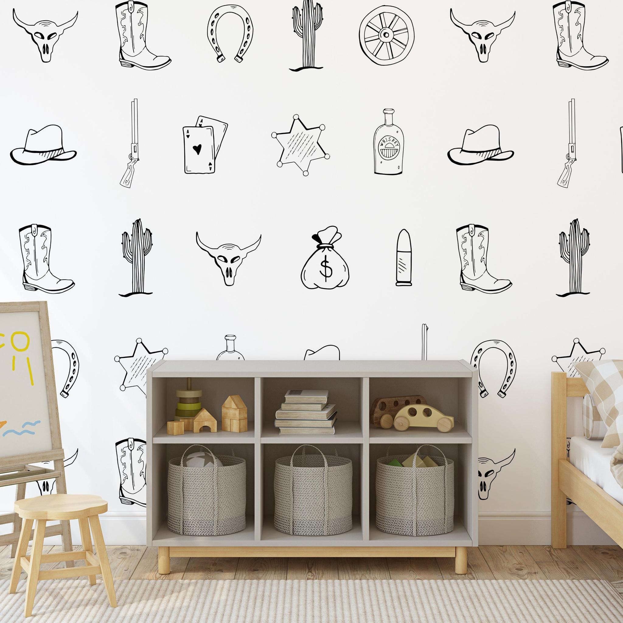 Alt: Child's bedroom featuring Outlaw (Black) Wallpaper by Wall Blush SG02 with Western motif designs.