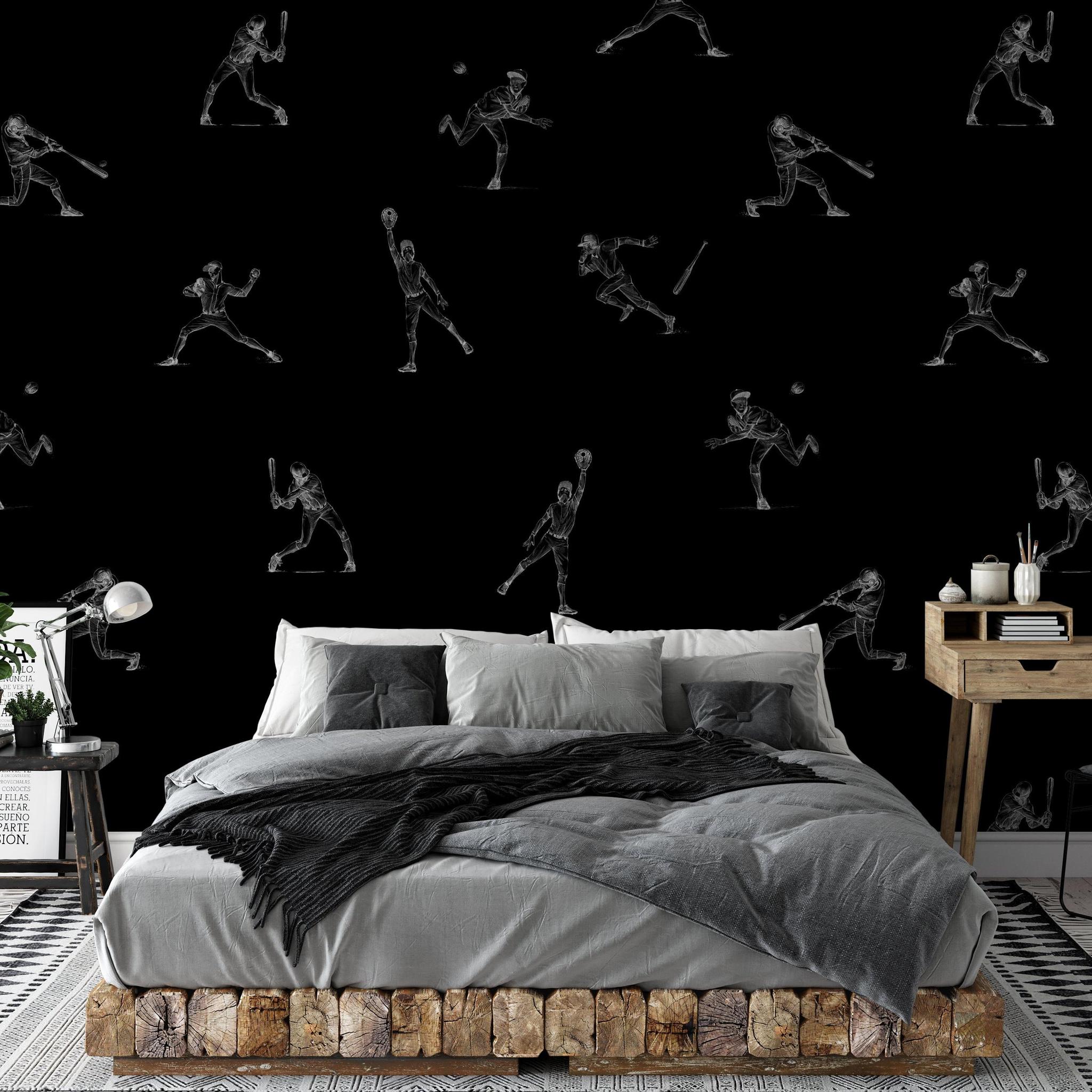 Batter's Up (Black) Wallpaper by Wall Blush SM01 featured in contemporary bedroom setting.