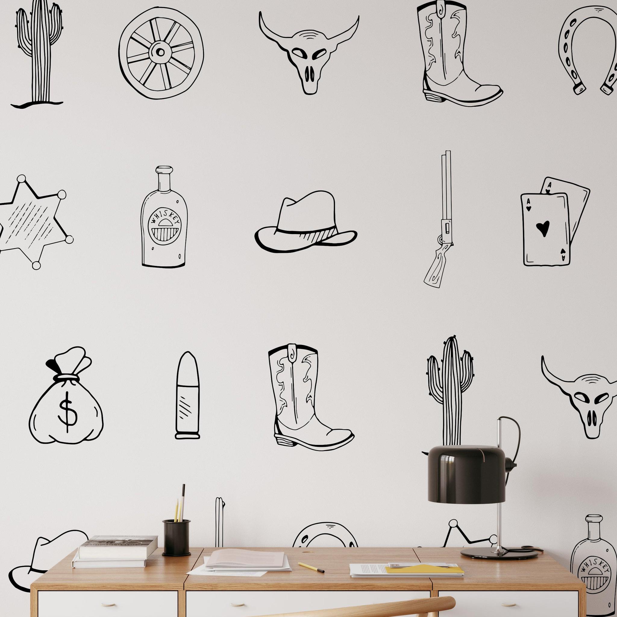 Wall Blush SG02 Outlaw (Black) Wallpaper in a stylish home office, highlighting the unique western motifs.