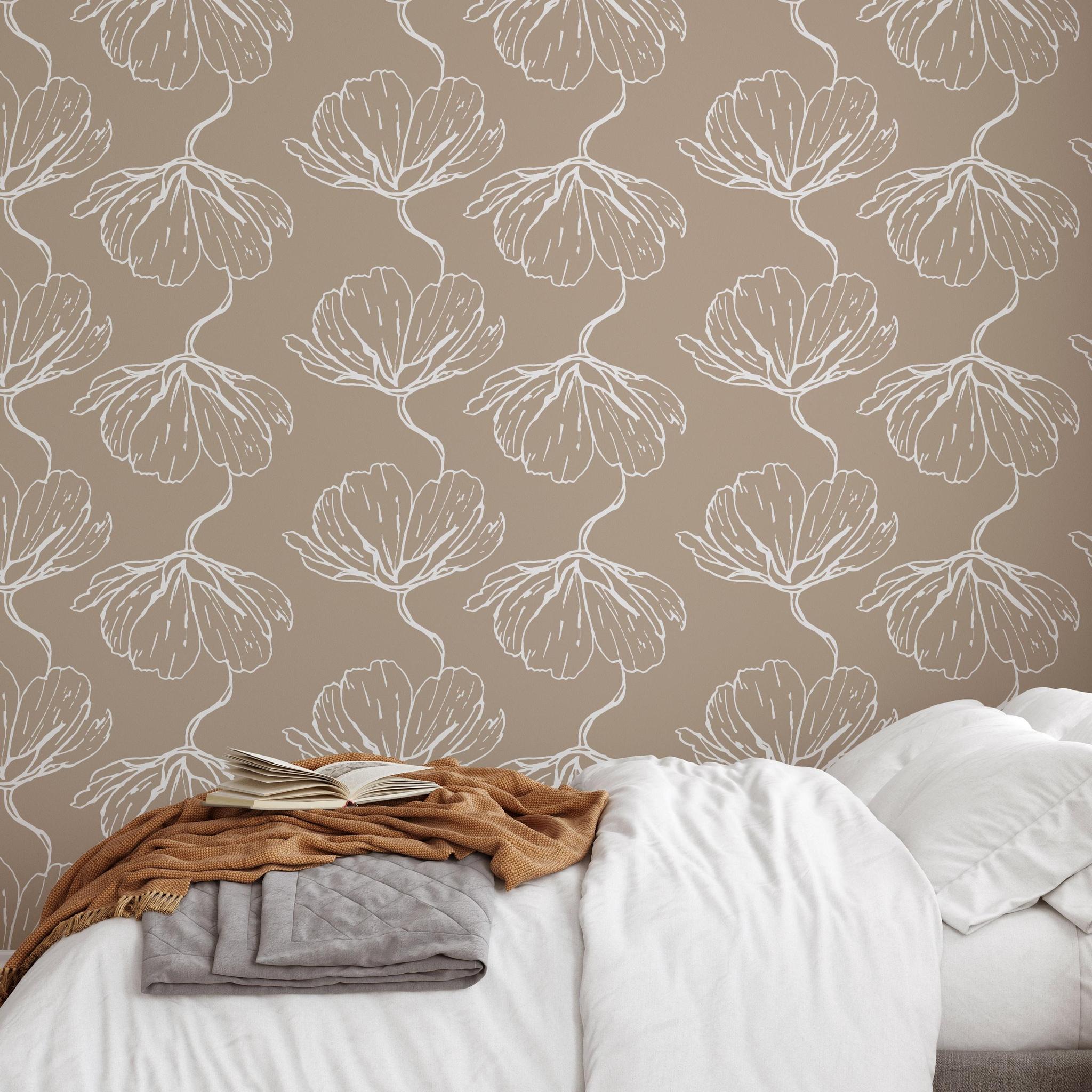 Bloom Wallpaper by The Minty Line in cozy bedroom setting, elegant floral pattern focus.