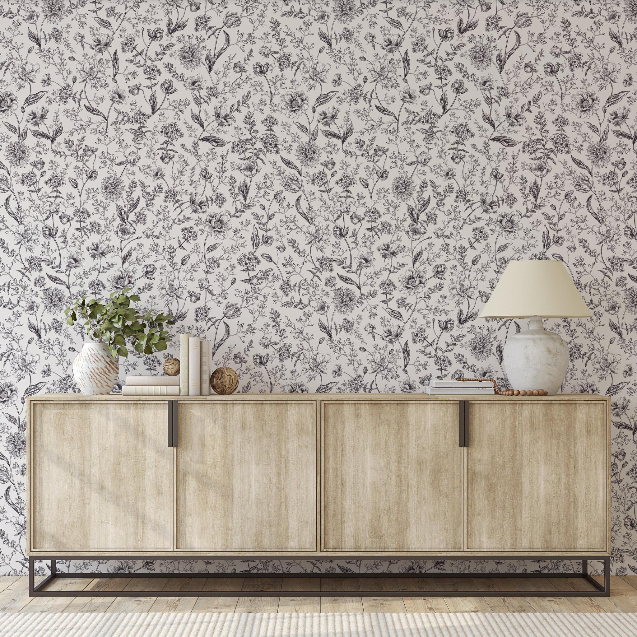 Elegant Eloise Wallpaper by Wall Blush SG02 in a modern living room, highlighting the floral design.