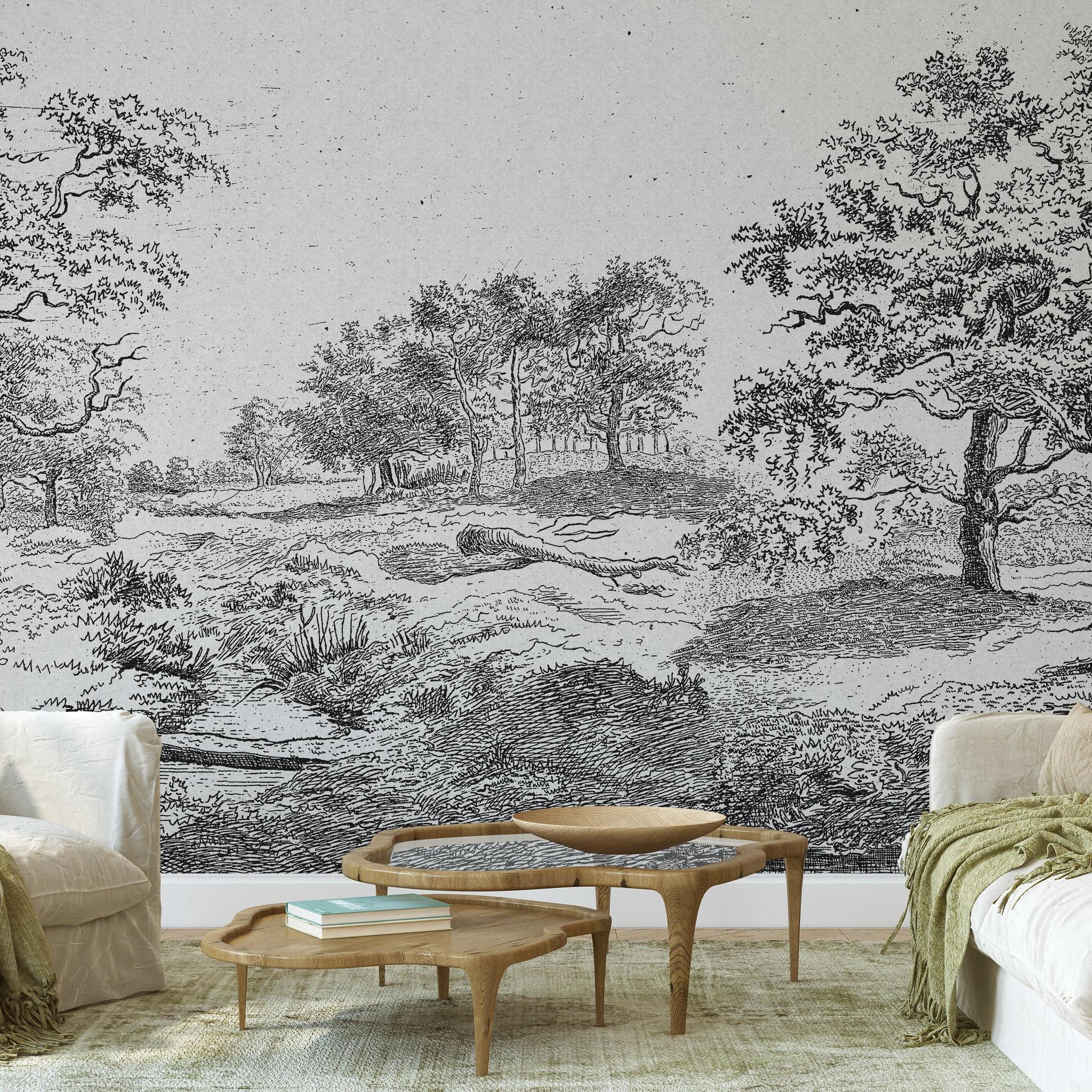 Midsummer Wallpaper by Wall Blush SG02 enhances a cozy living room with its detailed landscape design.
