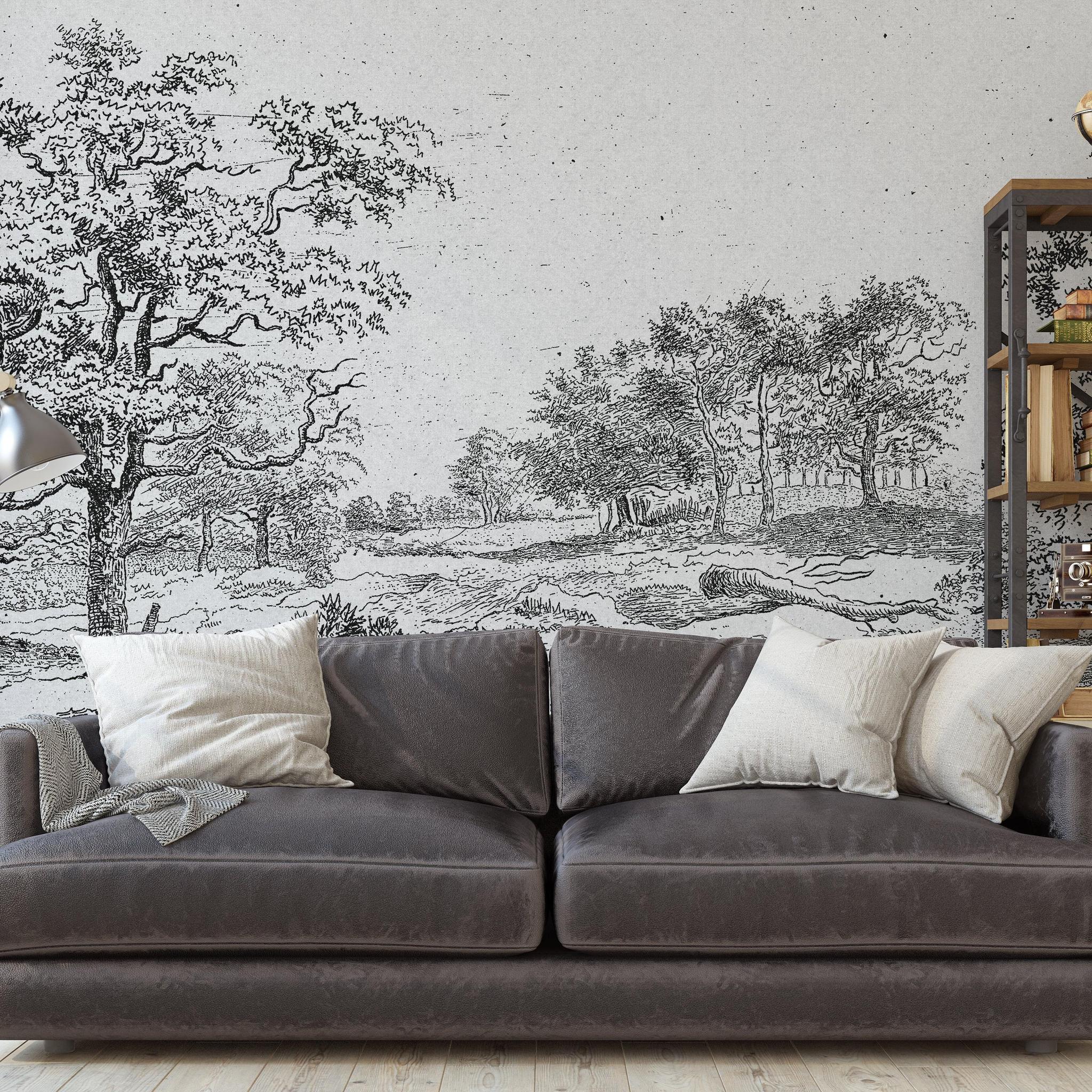 Midsummer Wallpaper by Wall Blush SG02 in a stylish living room with detailed scenic design focus.