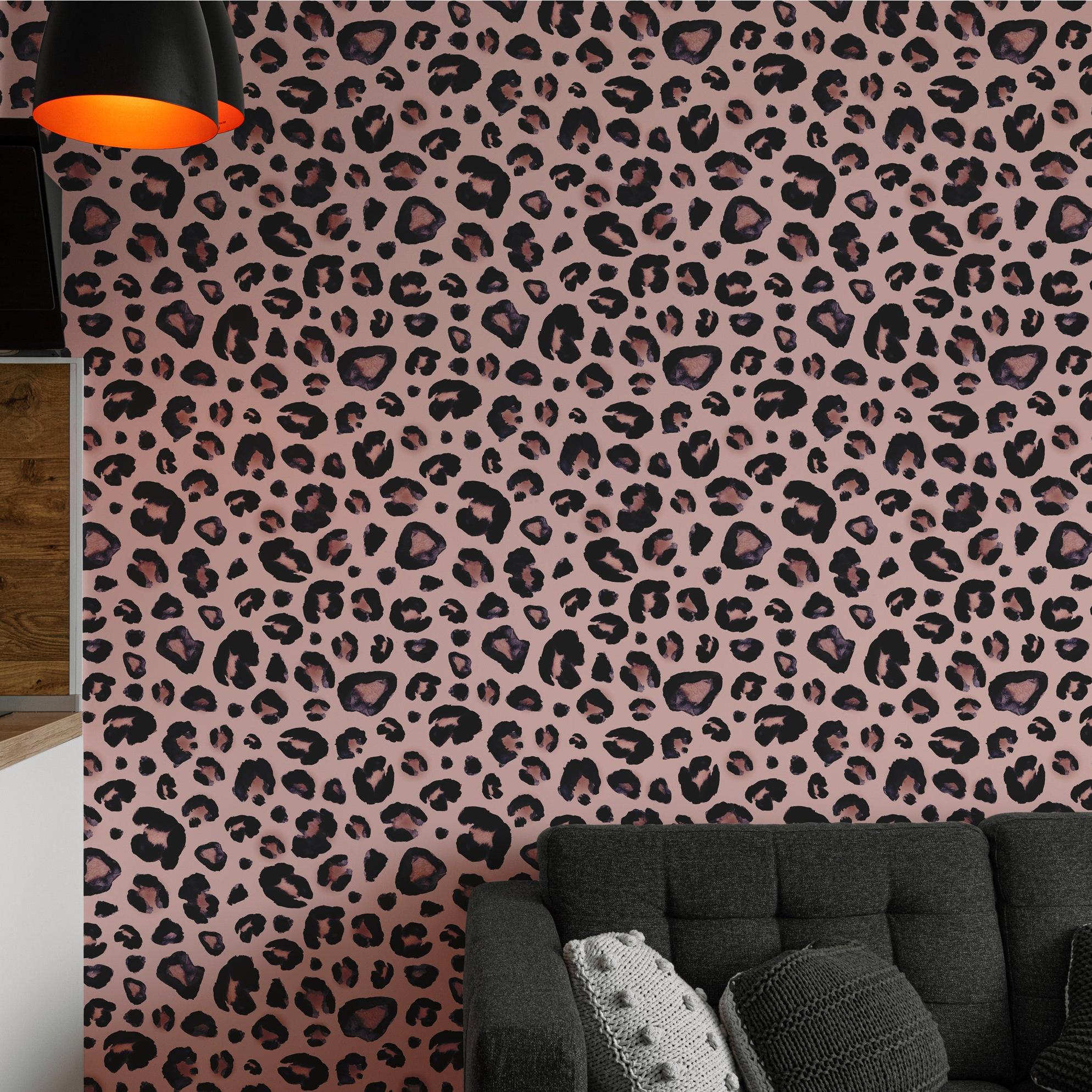 Wall Blush's Cheetah Blush Wallpaper in living room, accent wall focus with modern furnishings.