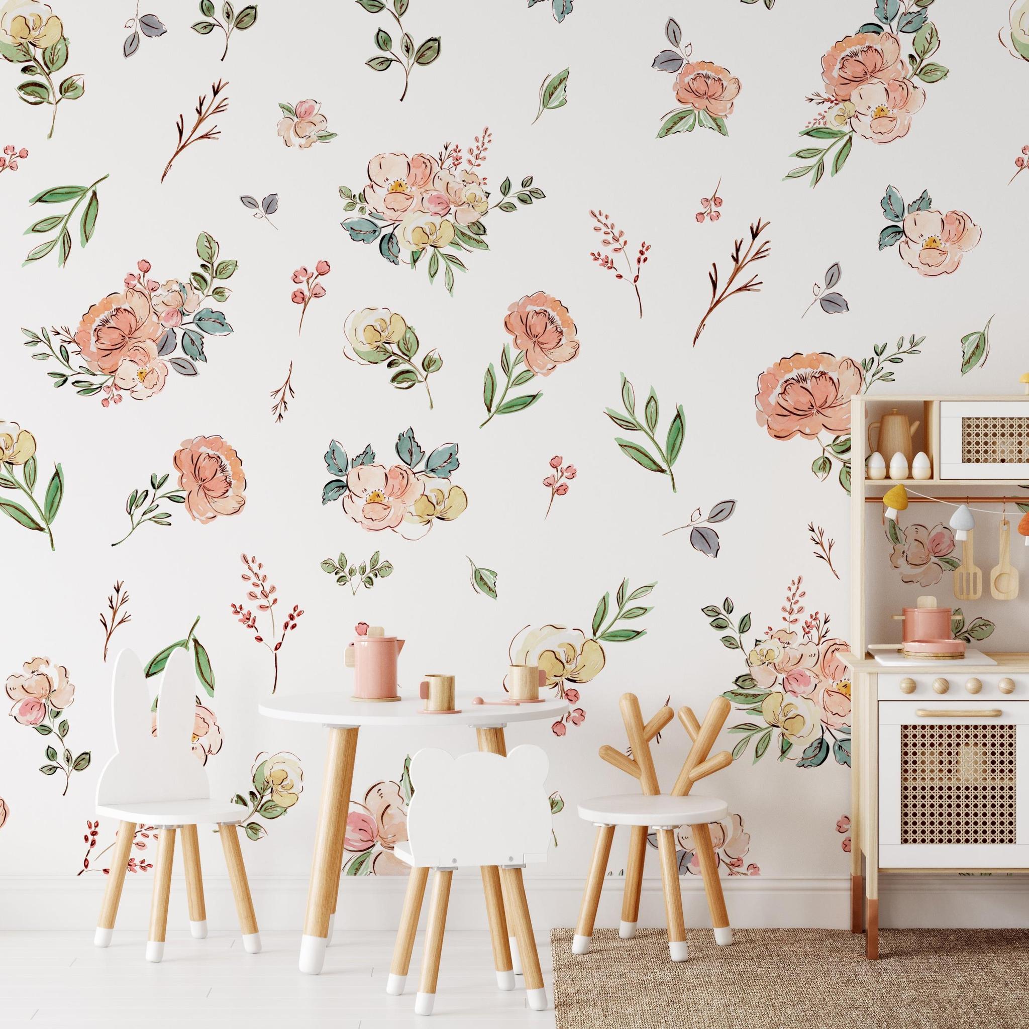 The Cosette - Floral Wallpaper by Wall Blush in a stylish children's playroom, highlighting elegant botanical patterns.