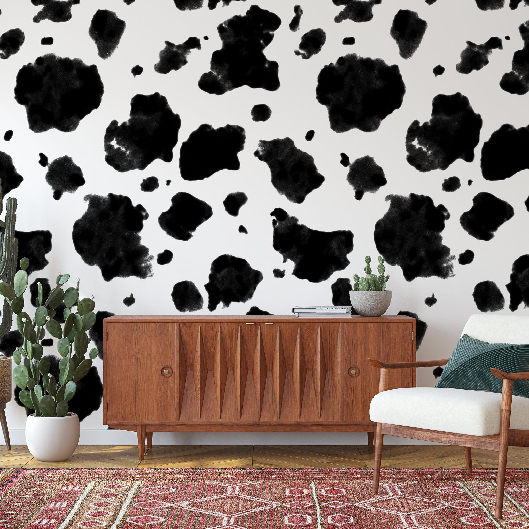 Greta Wallpaper by Wall Blush SG02 in stylish living room with statement black ink spots.