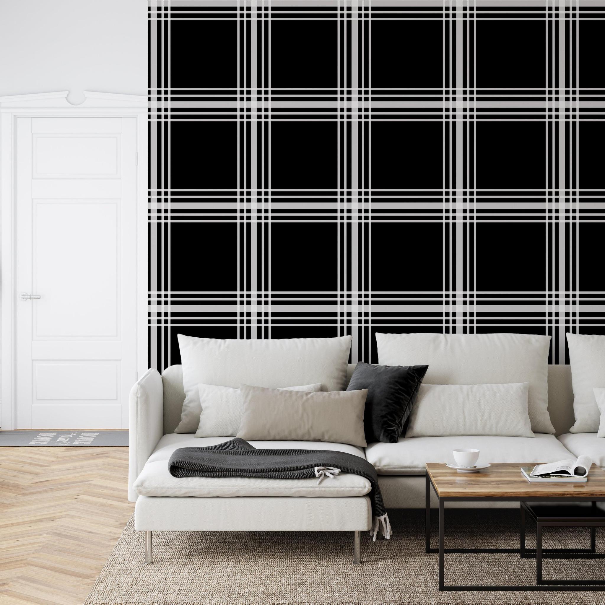 Davenport Wallpaper by The Chelsea DeBoer Line in a stylish living room, chic plaid design focus.