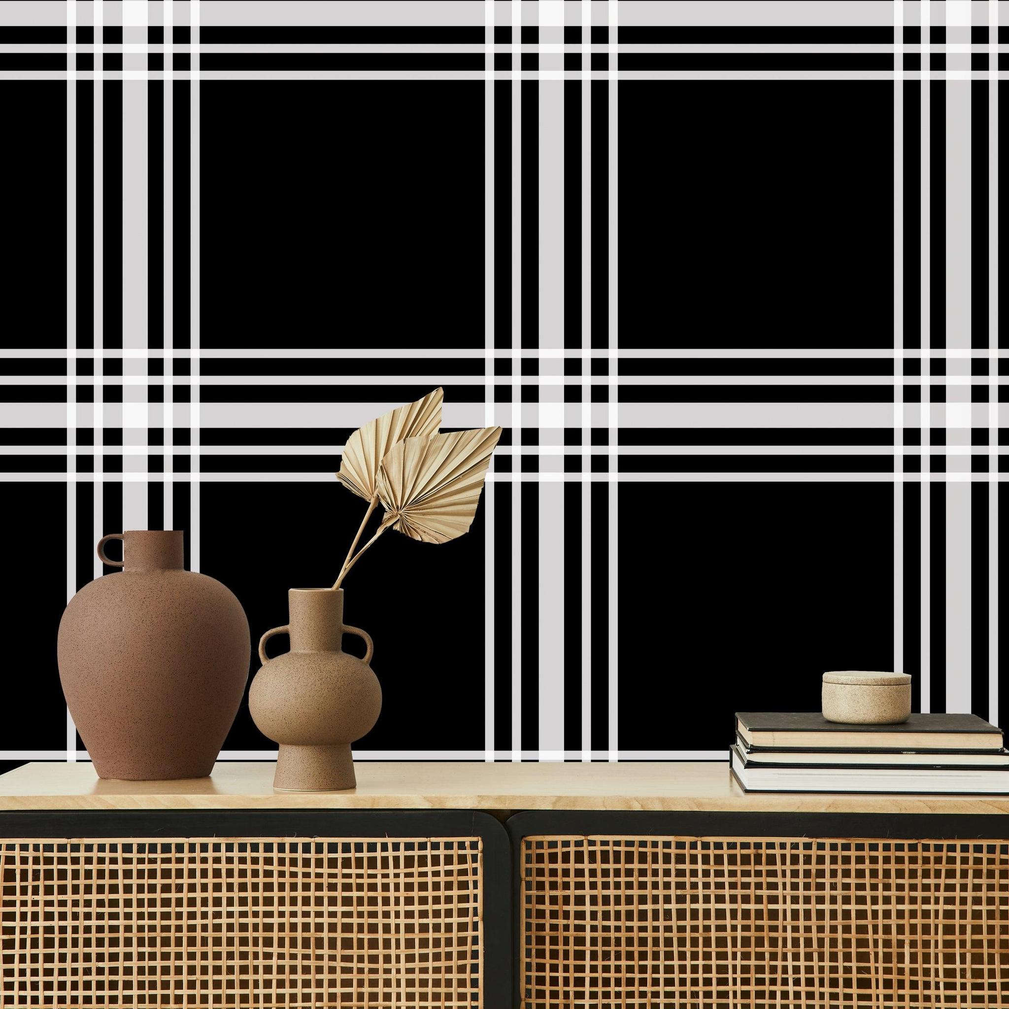 Davenport Wallpaper from The Chelsea DeBoer Line in a modern living room setting with elegant decor accents.