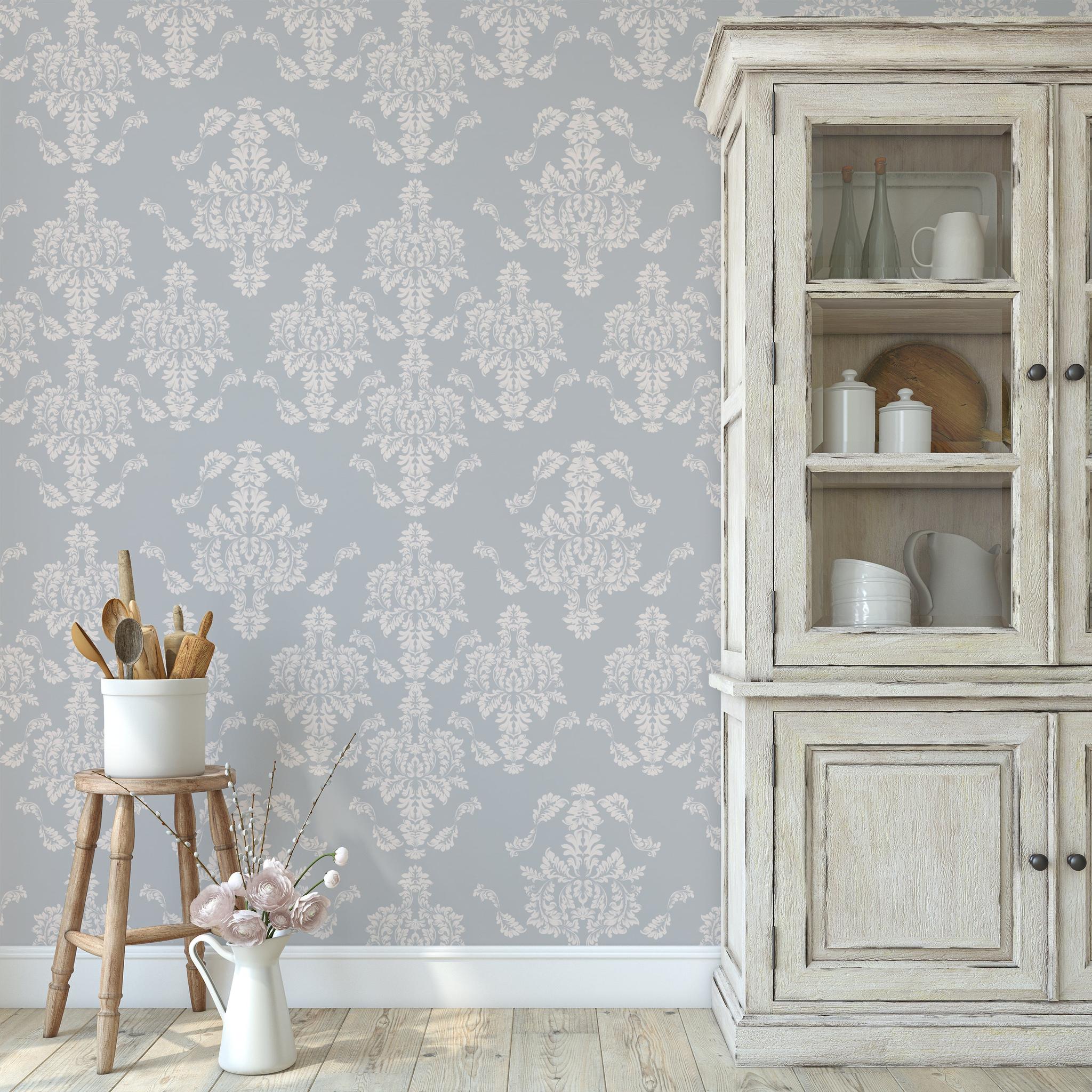 Alt: "Elegant Little Debbie's Damask Wallpaper by Wall Blush in a cozy kitchen, highlighting the intricate pattern."