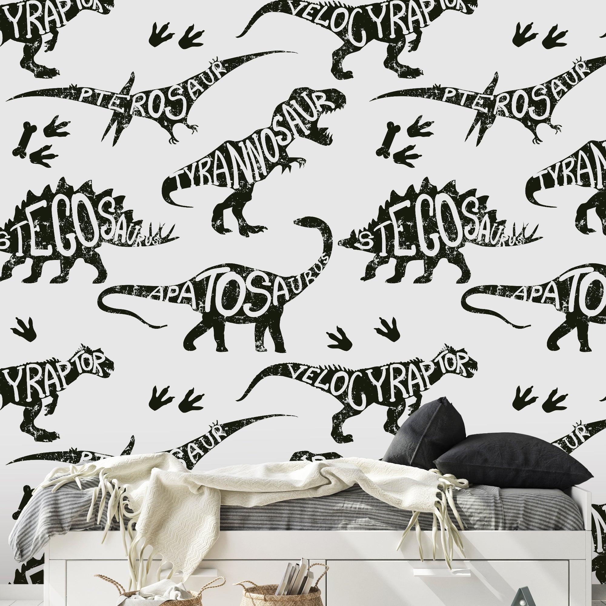 Dino Rush Wallpaper by Wall Blush in a stylish kids' bedroom, with dinosaur patterns as the focal point.