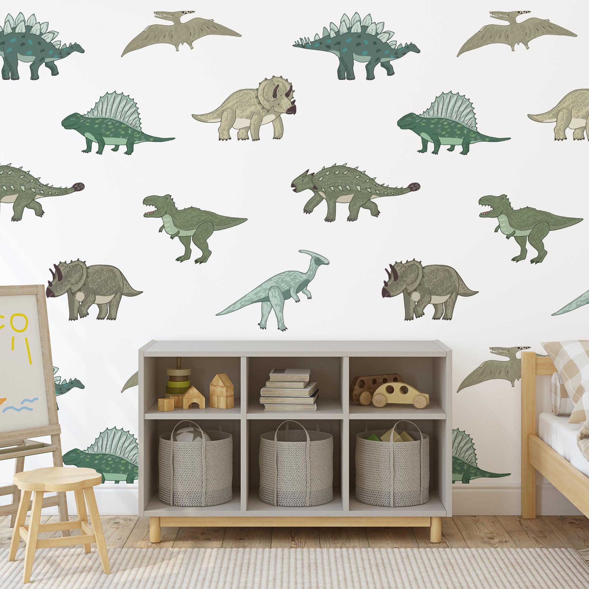 Saurus Wallpaper by Wall Blush SG02 in a kid's bedroom, featuring playful dinosaur designs.