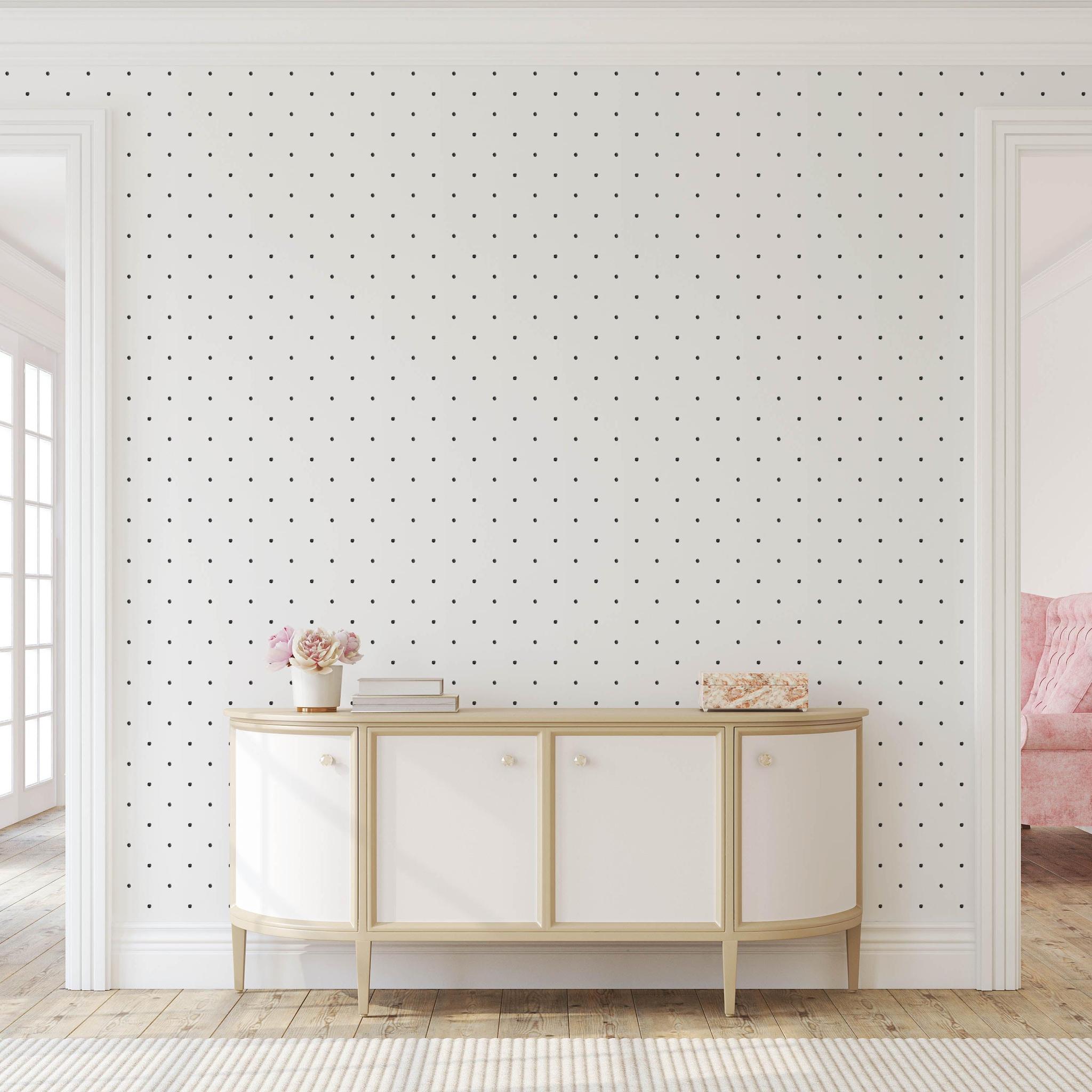 Doodle Dot Wallpaper by Wall Blush in elegant living room, showcasing stylish polka dot design focus.