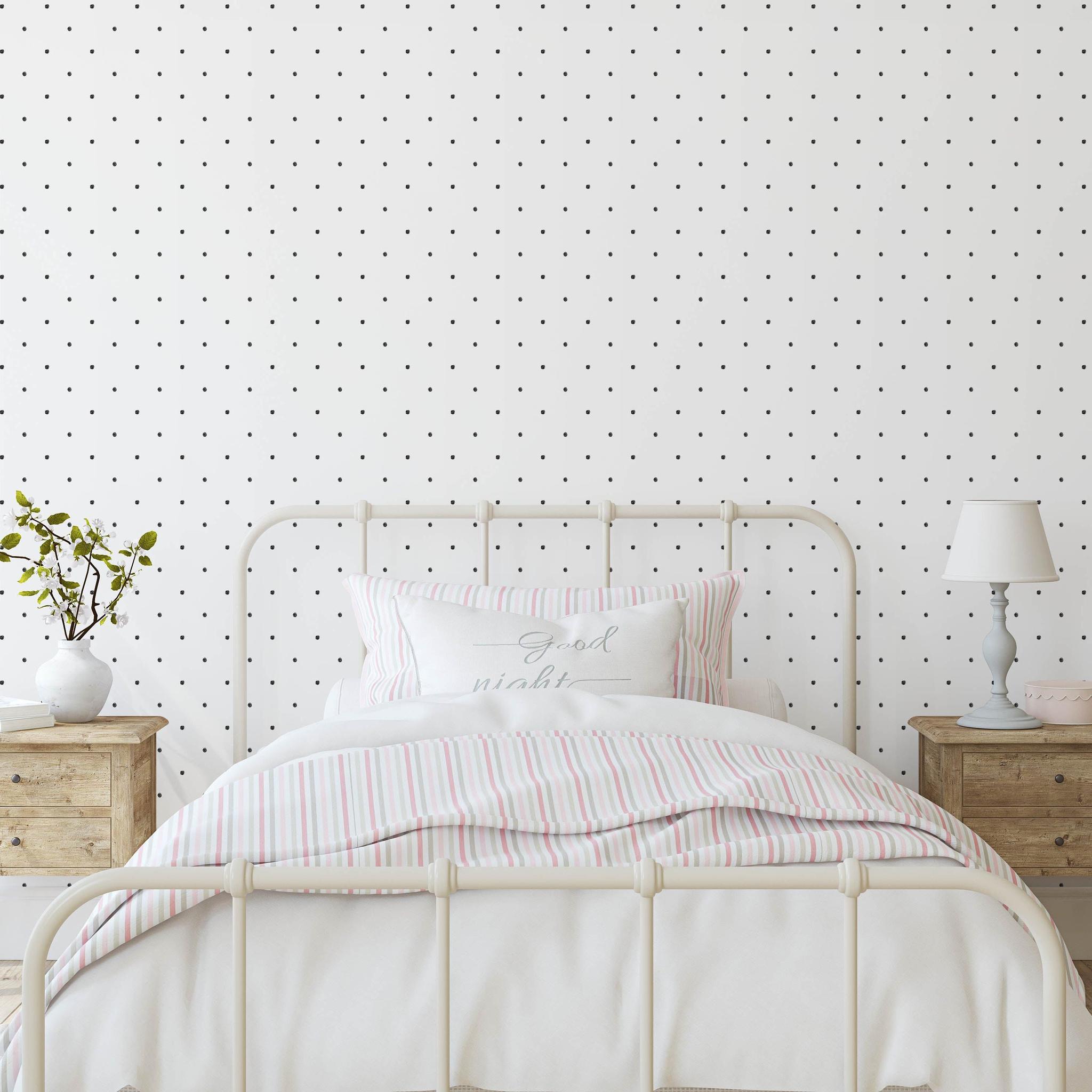 Doodle Dot Wallpaper by Wall Blush in a stylish, minimalist bedroom highlighting the elegant wall pattern.