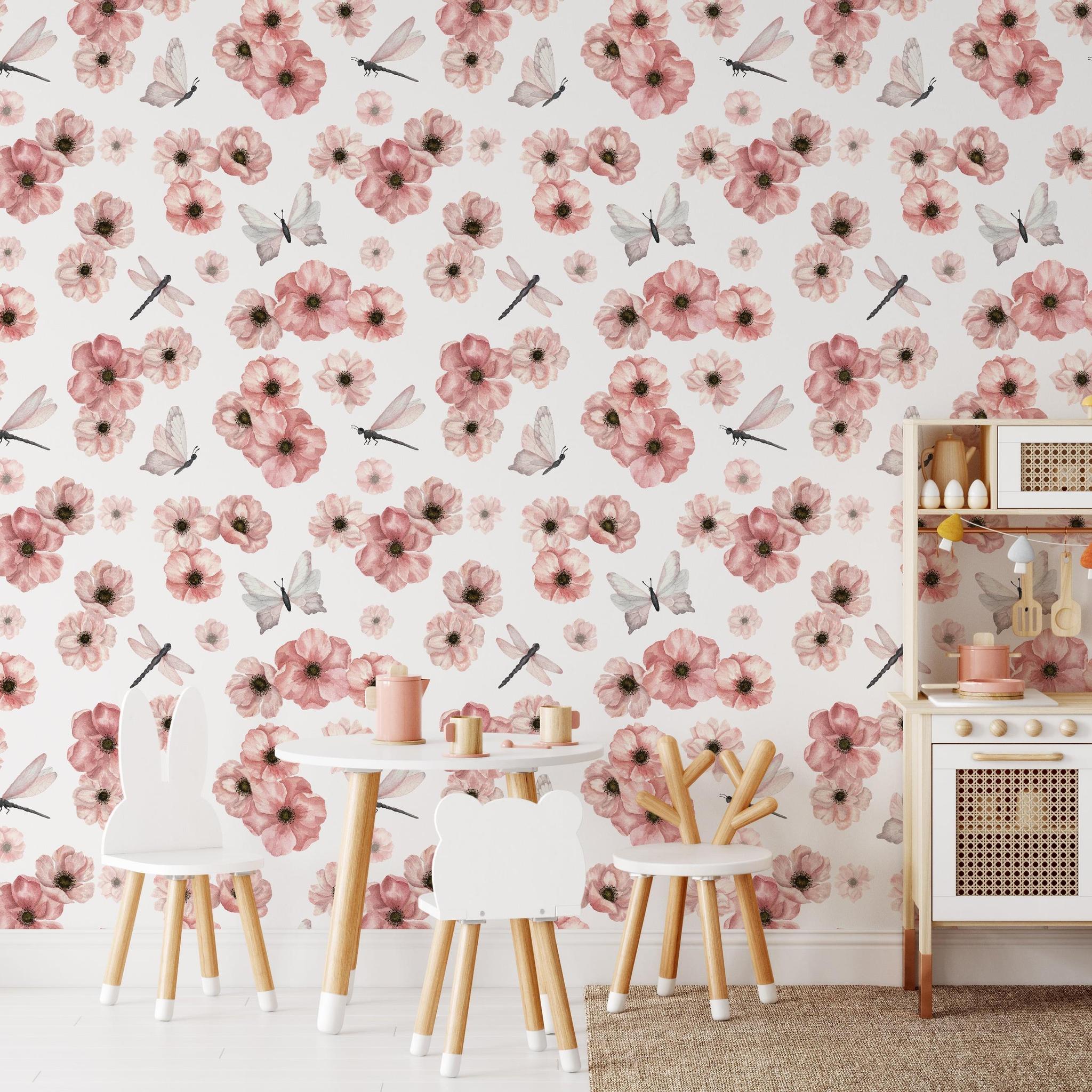 Wall Blush's Dragonlily (White) Wallpaper in a stylish playroom with whimsical decor accents.
