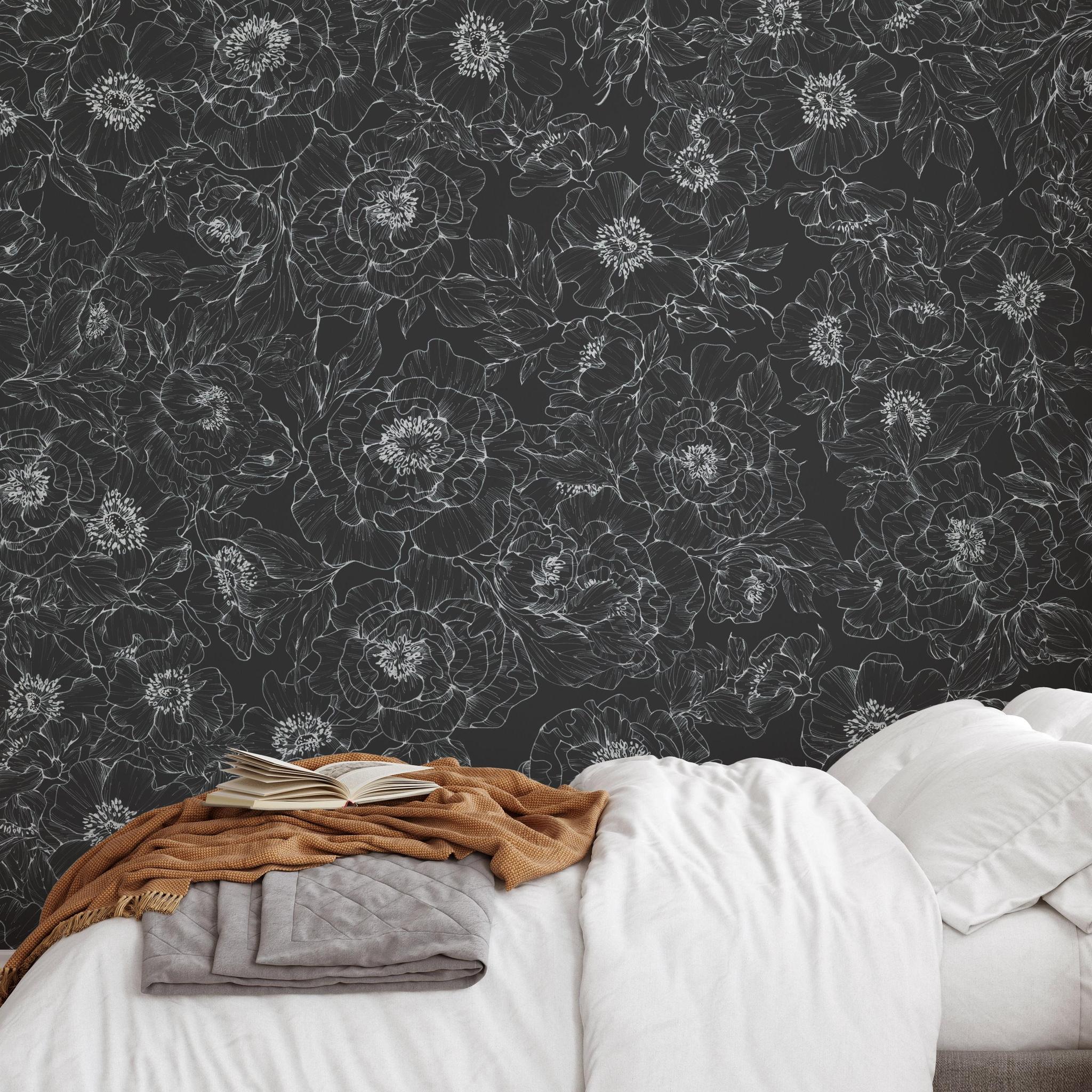 Alt text: Elegant bedroom featuring The Dutchess (Black) Wallpaper from The Ania Zwara Line, with a focus on the floral pattern.
