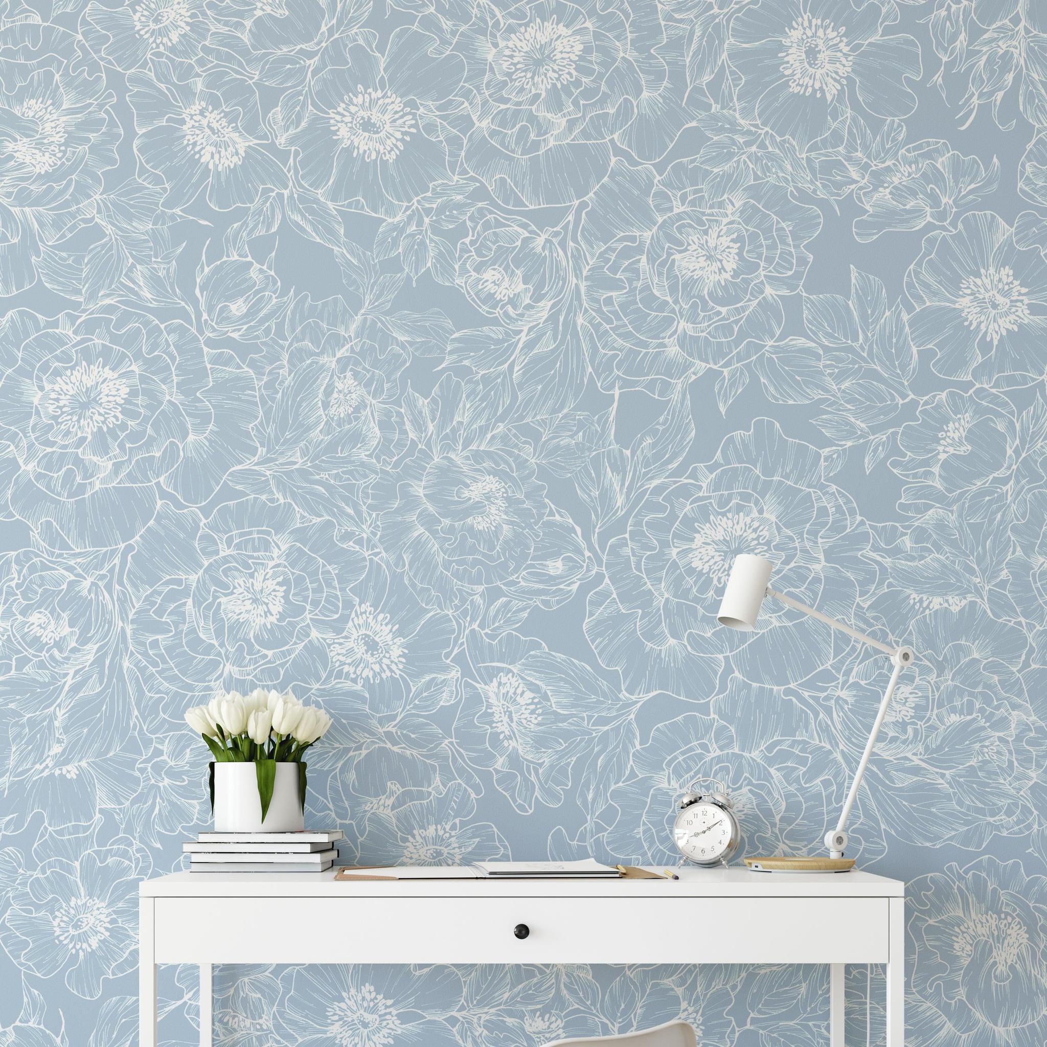 The Dutchess (Baby Blue) Wallpaper from The Ania Zwara Line in a modern home office.
