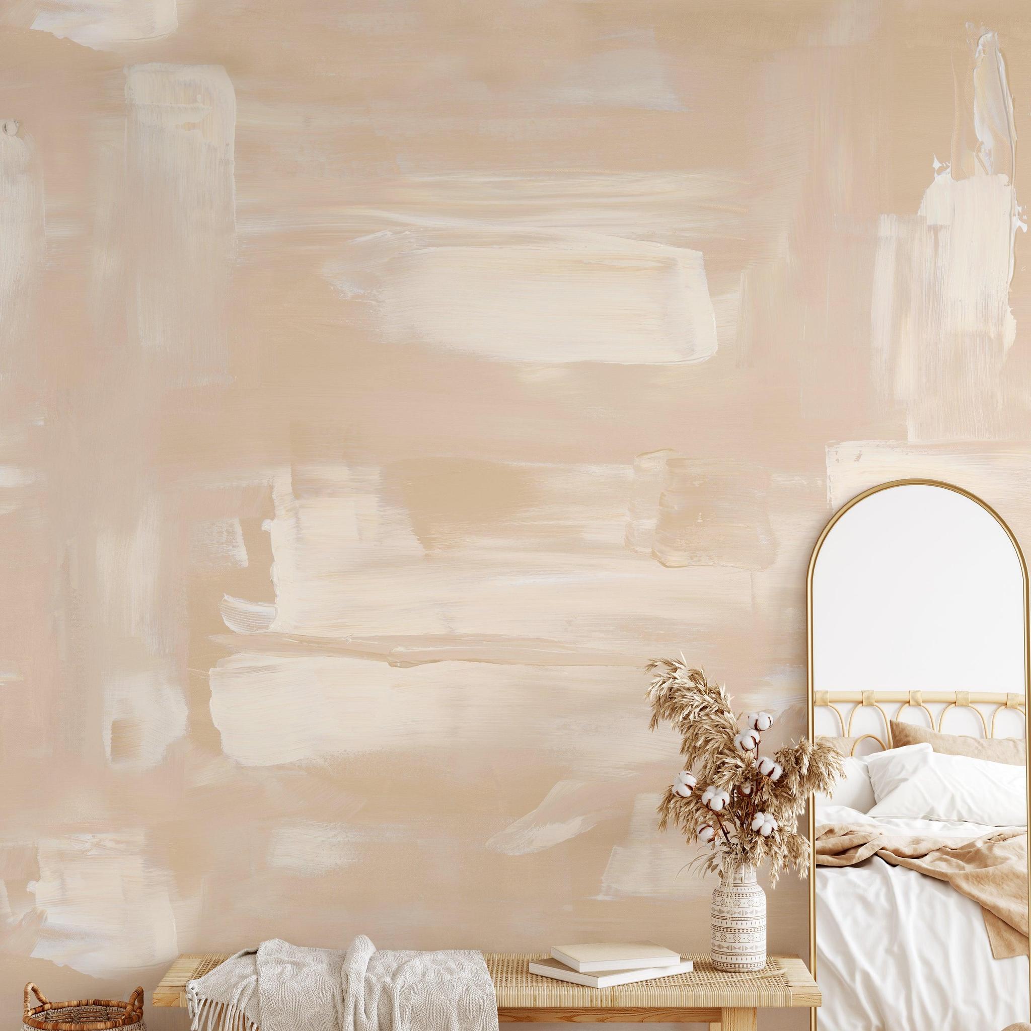 Glide Wallpaper by The Minty Line in a stylish bedroom, showcasing modern, abstract design with neutral tones.