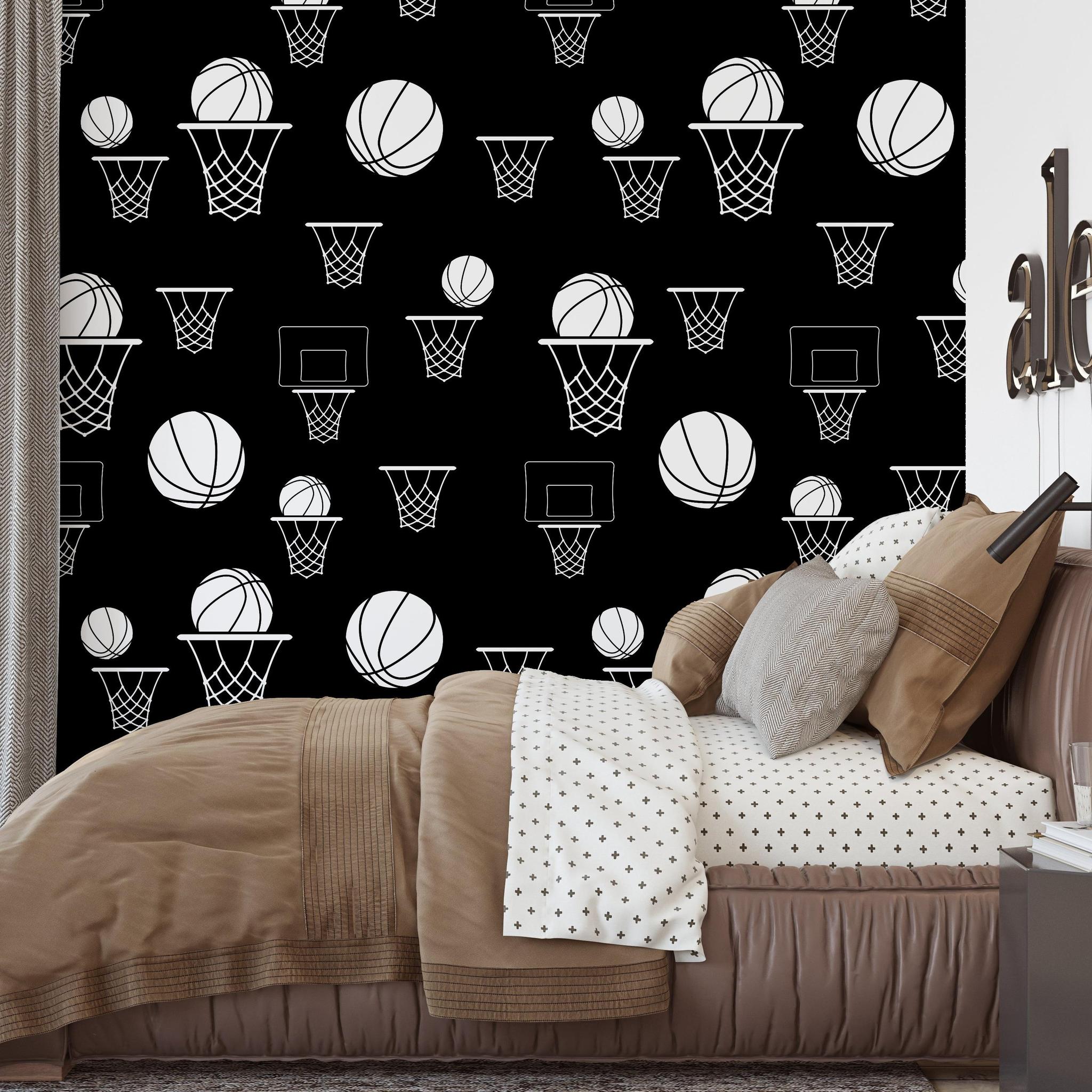 Hoops Wallpaper by Wall Blush SM01 in a stylish bedroom, accentuating the decor with a sporty theme.