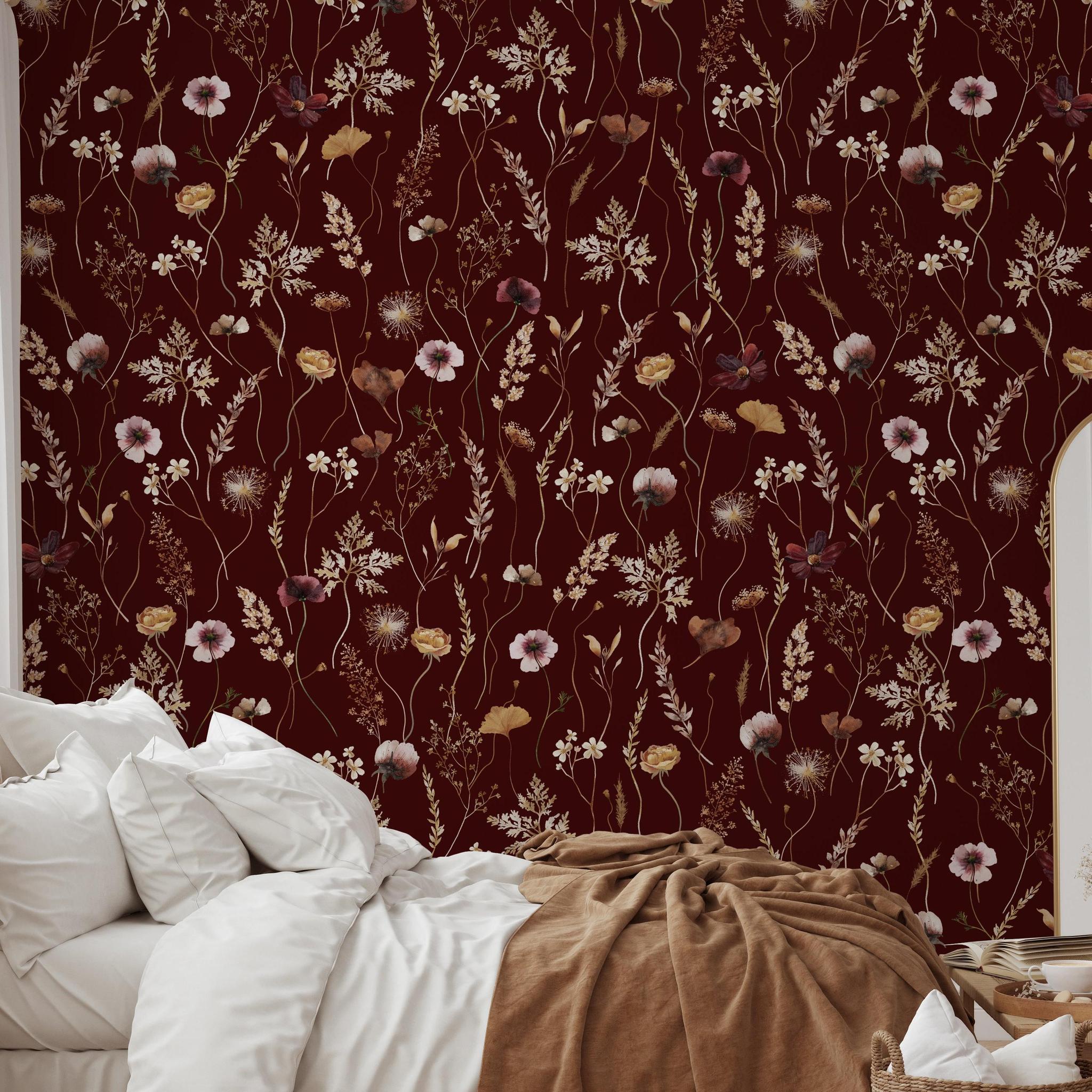 Dahlia (Maroon) Wallpaper from Wall Blush SM01, enhancing a cozy bedroom ambiance.