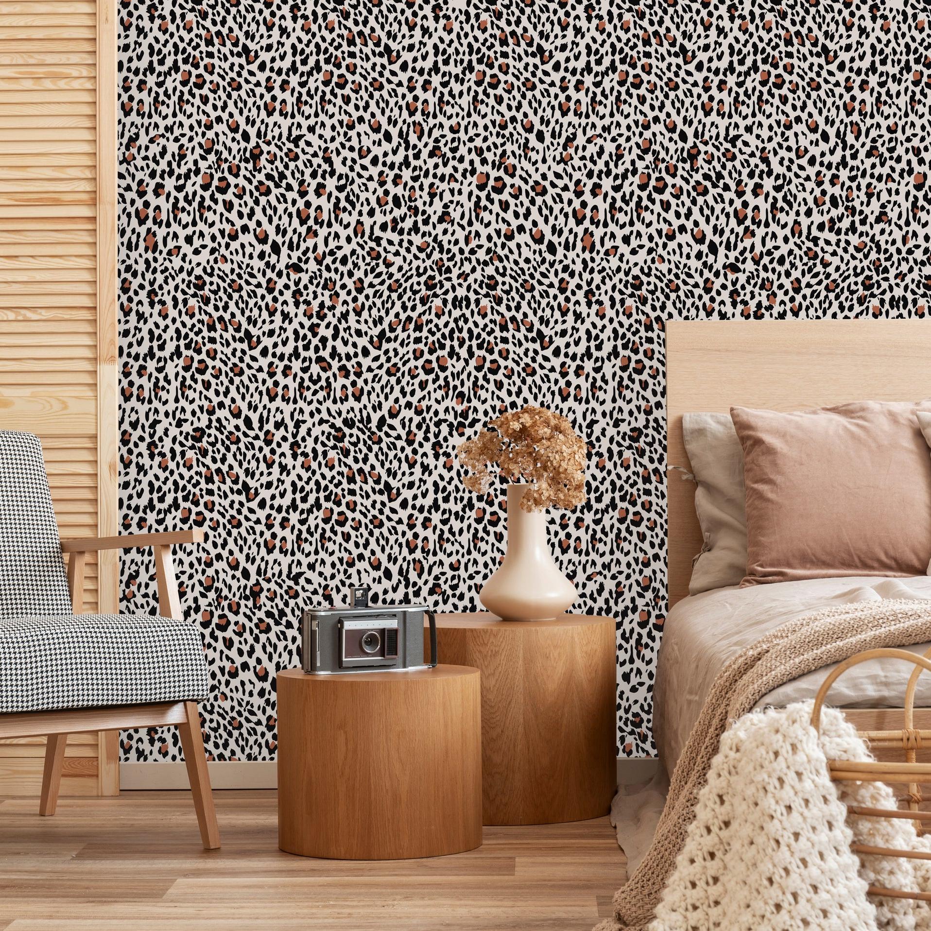Nala Wallpaper from The Chelsea DeBoer Line featured in a cozy modern bedroom, highlighting the bold pattern as the main focus.