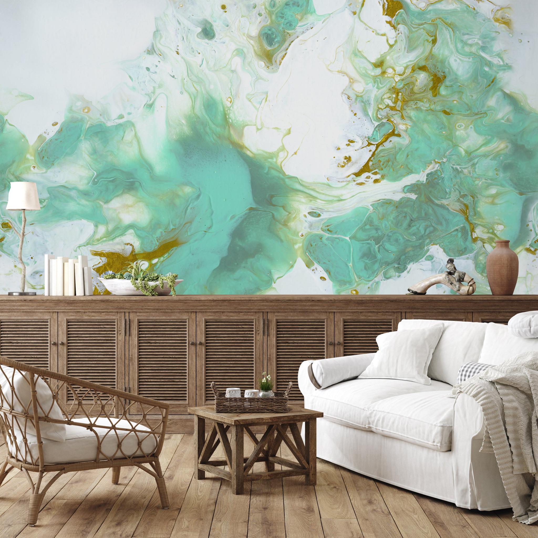 "New Port Wallpaper by Wall Blush in a stylish living room, highlighting the wall's vibrant artistry."