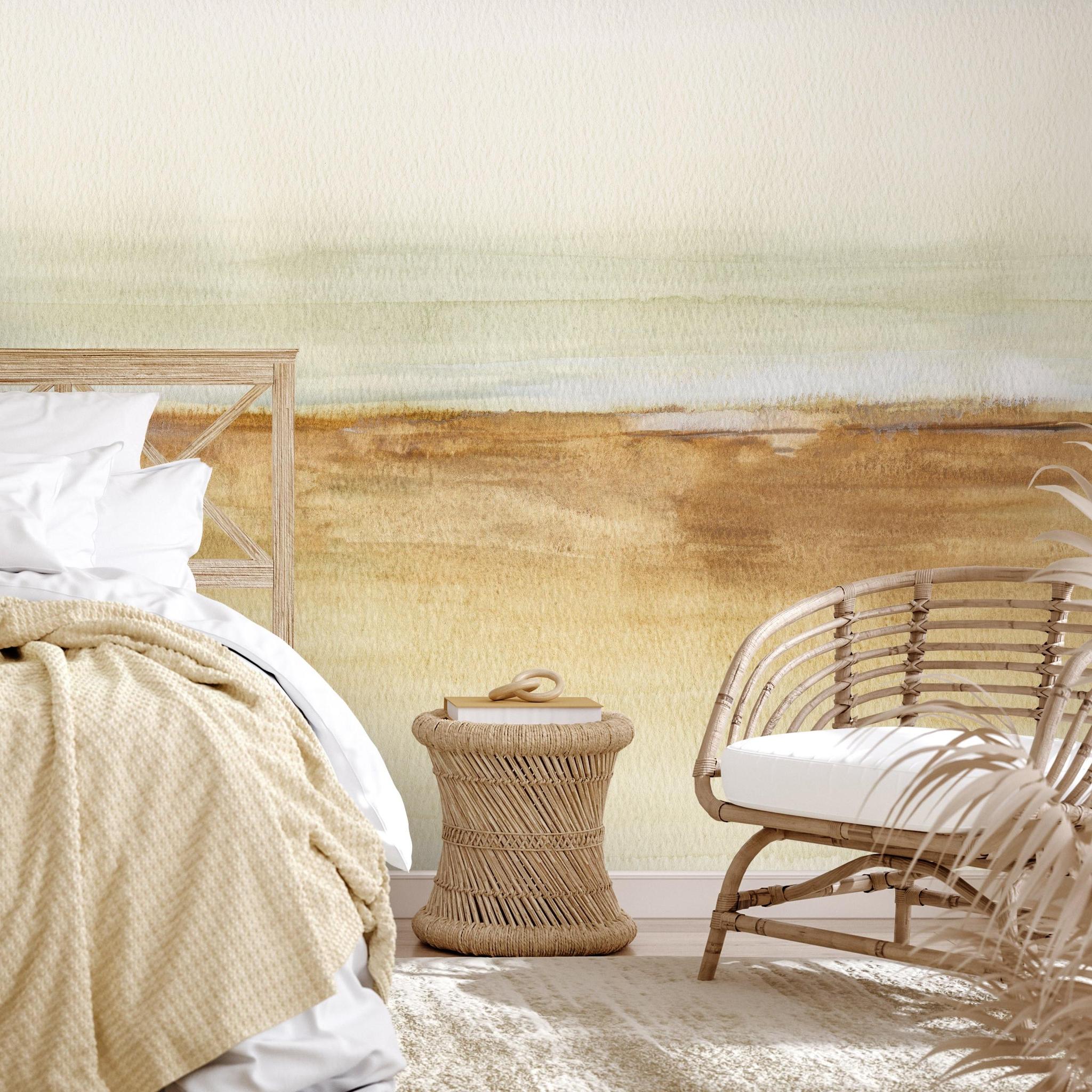 Palm Spring Wallpaper by The A&S Line in a stylish bedroom, with sandy tones and serene vibe.