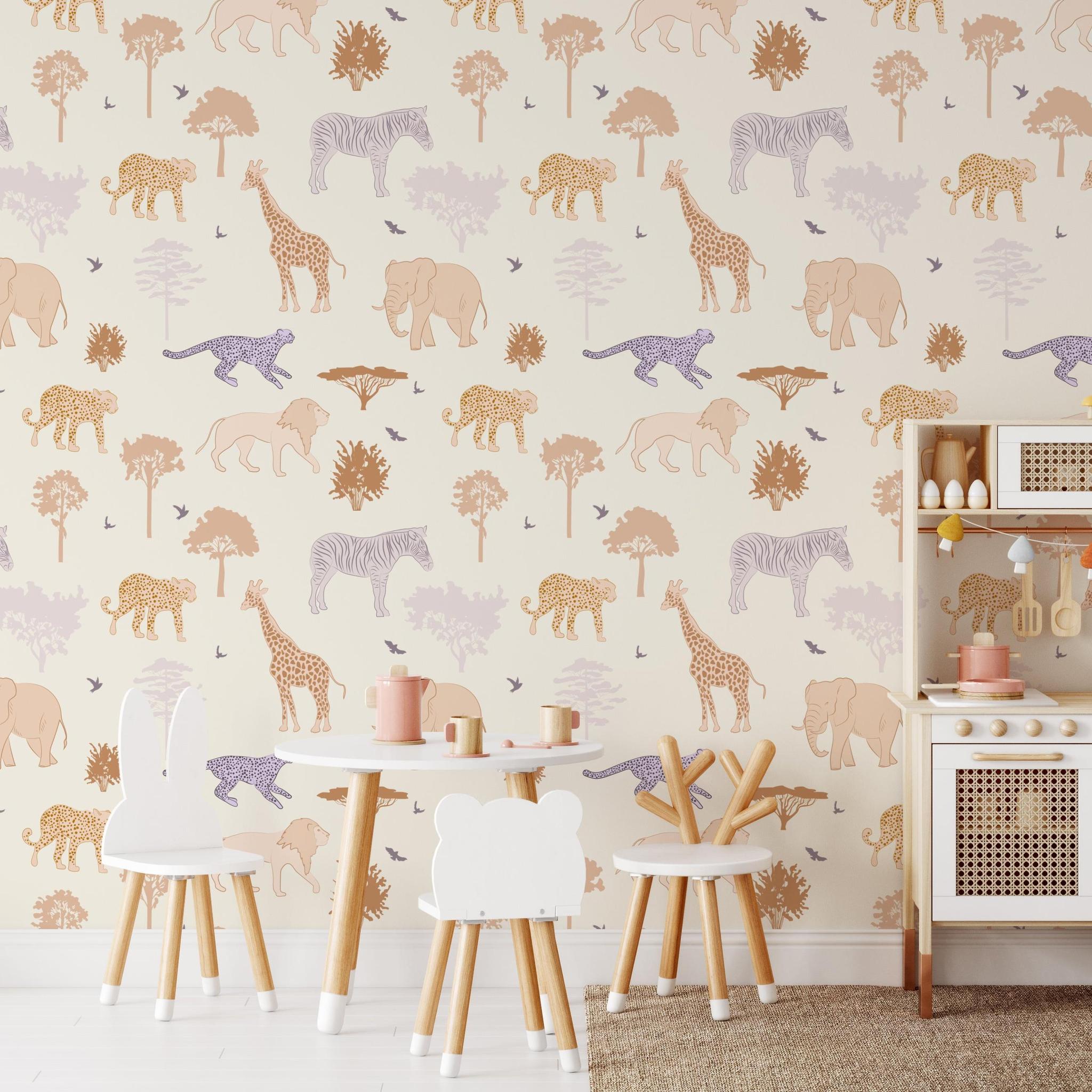 Savannah Wallpaper by Wall Blush SG02 in a stylish children's room featuring playful animal designs, ideal for a modern nursery.
