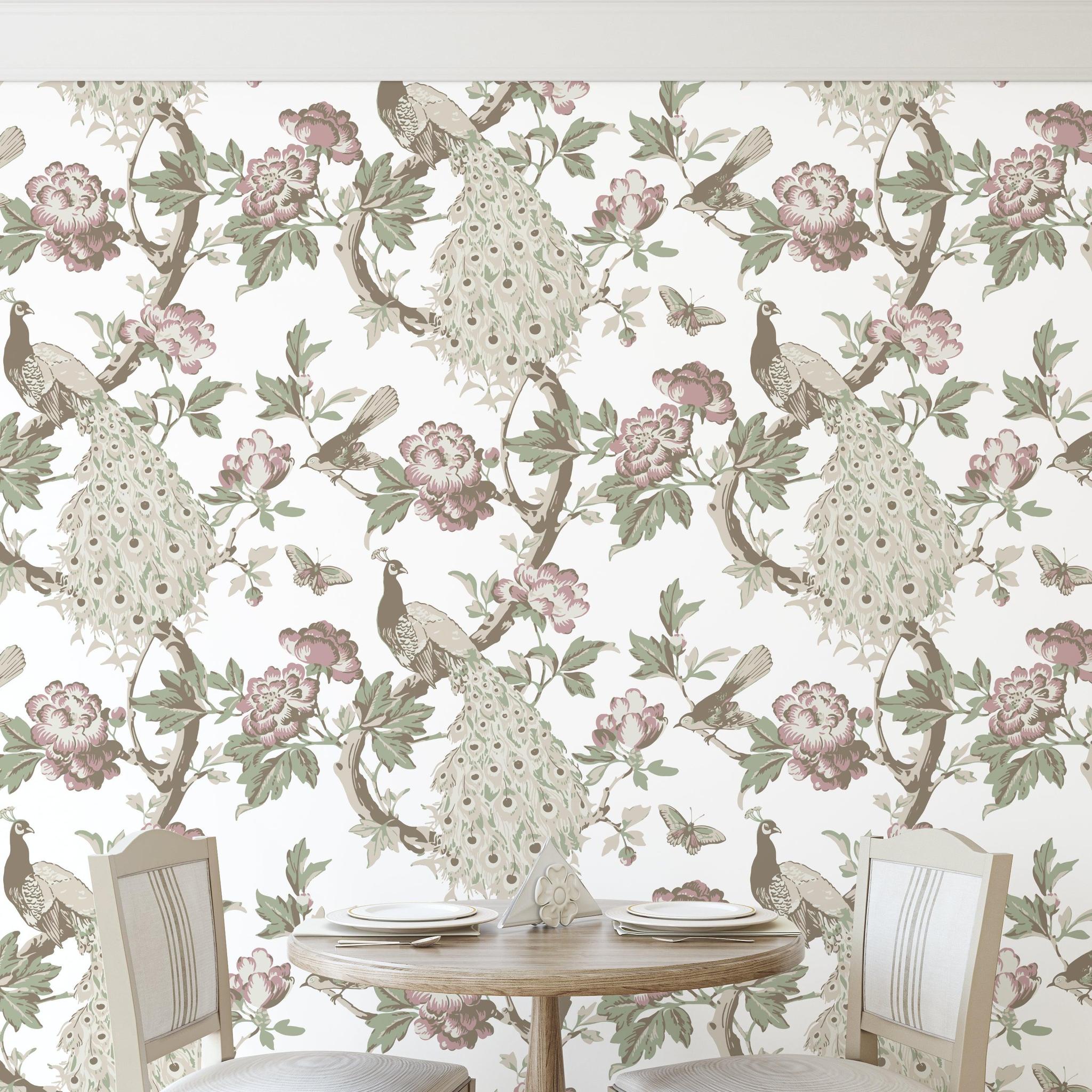 Hera (Pink) Wallpaper by Wall Blush SG02 showcasing bird design in a stylish dining room setting.