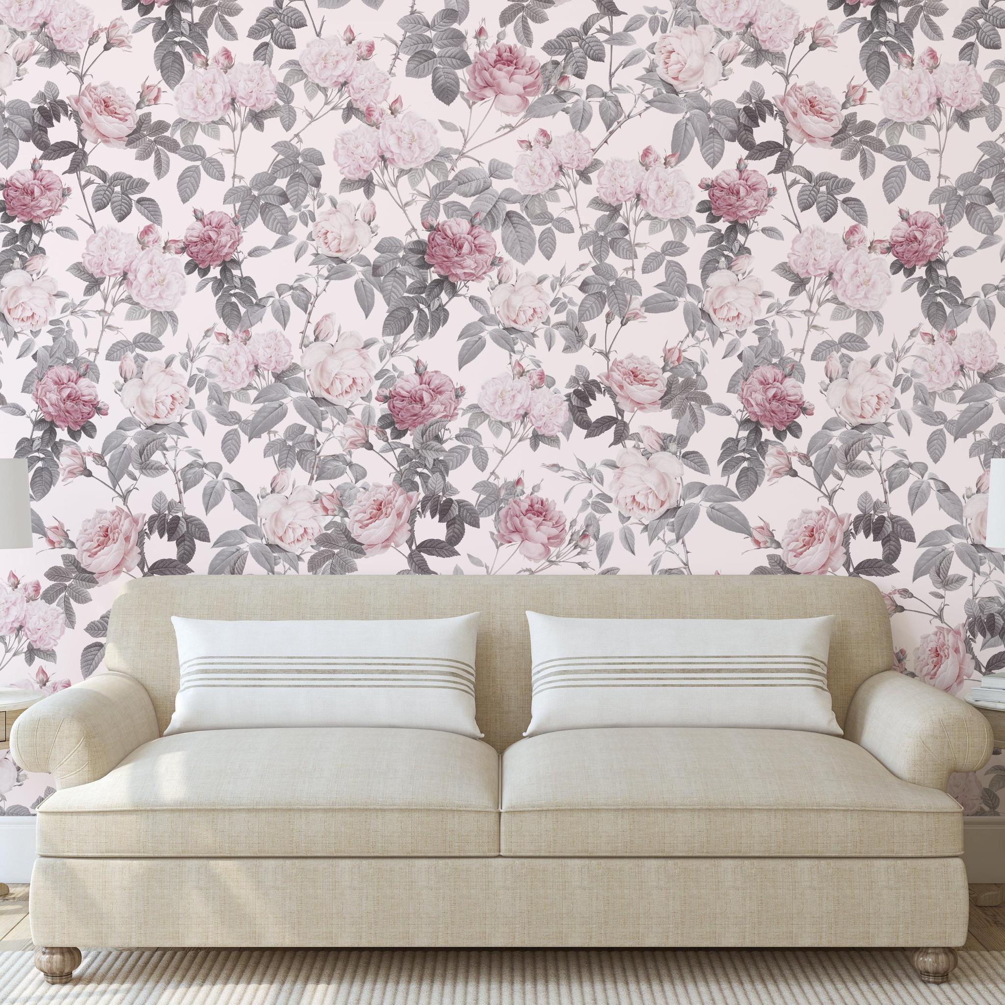 Cozy living room featuring Wall Blush SG02 Secret Garden Pink Wallpaper as focal point.