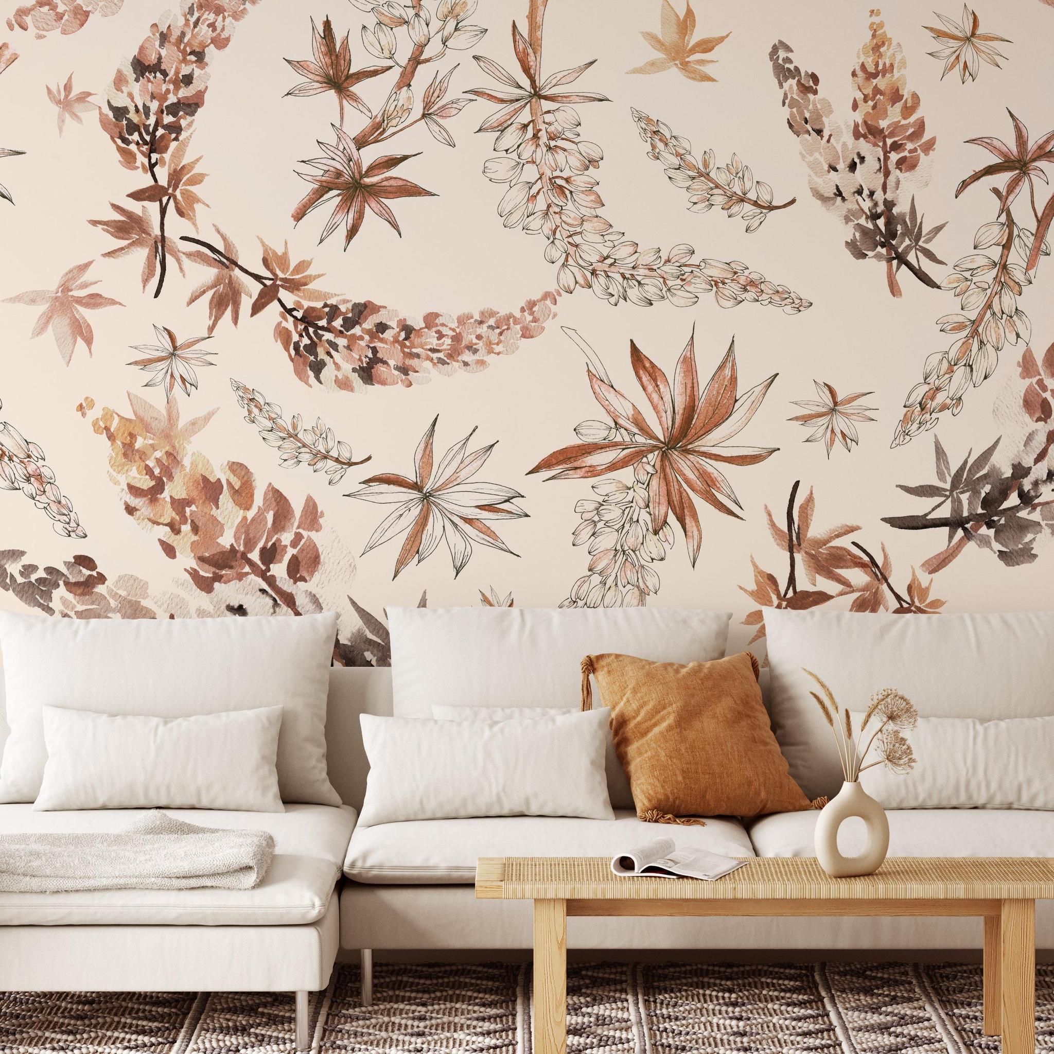 Piper’s Meadow Wallpaper by The Ania Zwara Line in a cozy living room, featuring botanical patterns.