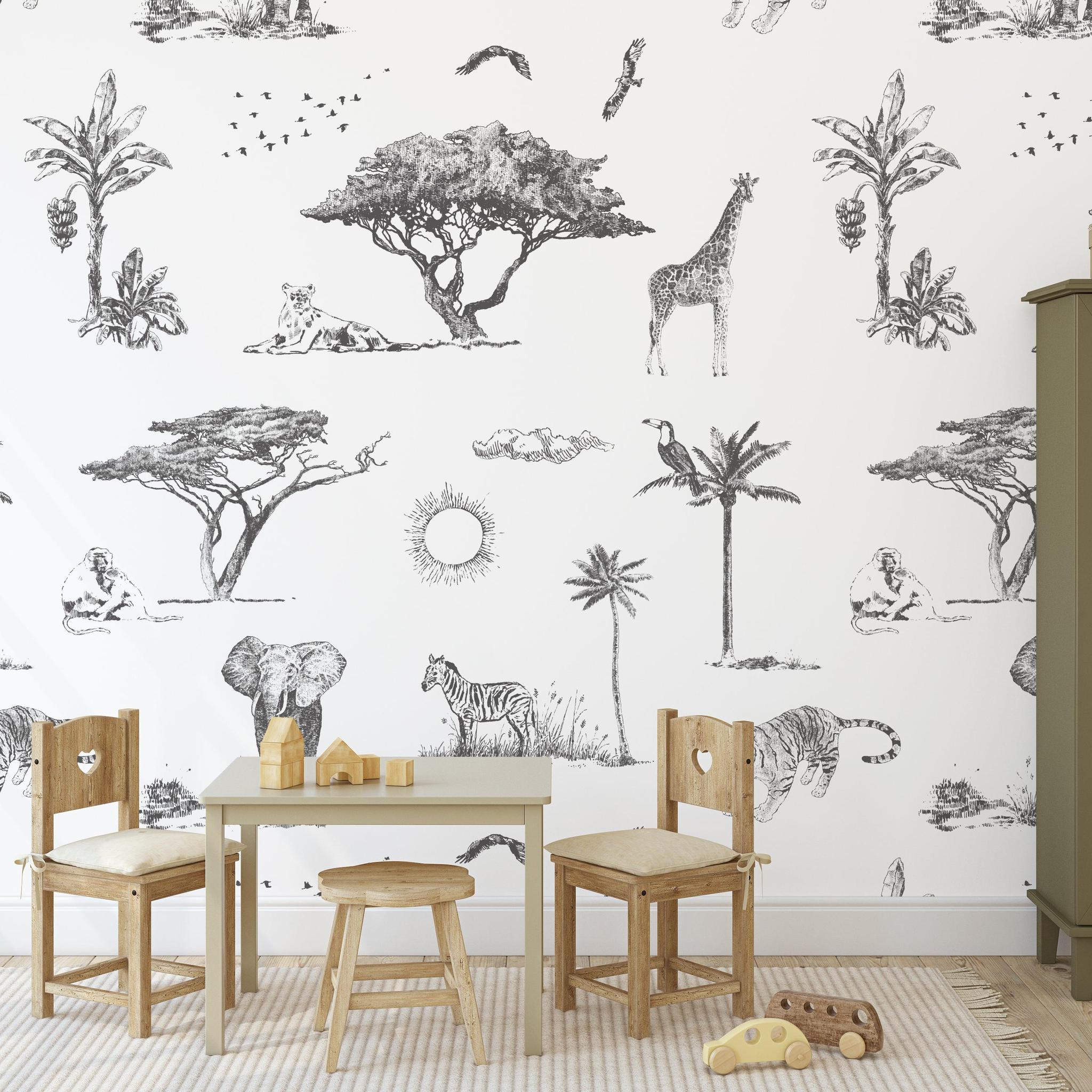 Pride Lands Wallpaper by Wall Blush SG02 in a stylish children's room with animal motifs, focus on wall decor.