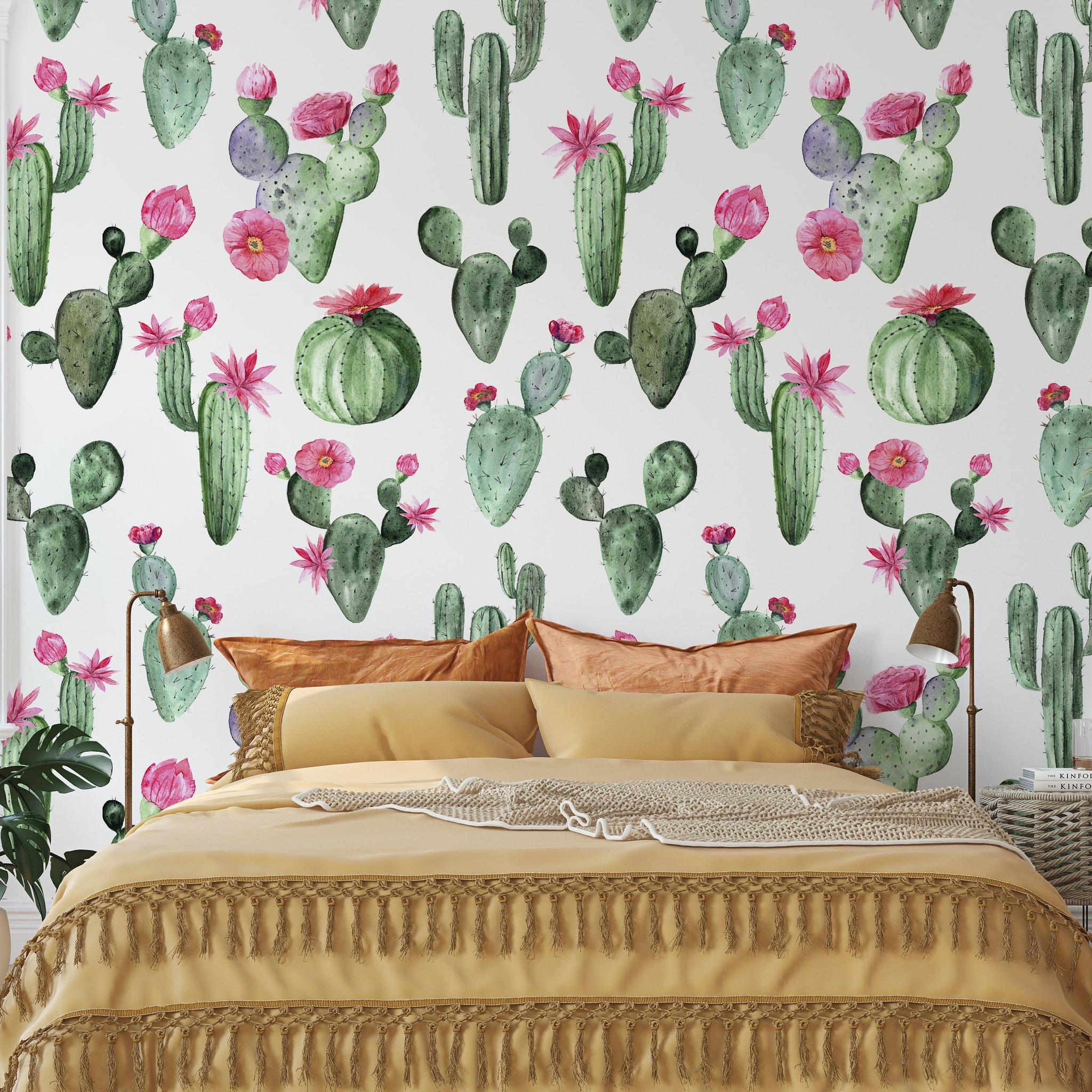 Wall Blush Prickly Princess Wallpaper in a cozy bedroom highlighting botanical design and vibrant colors.