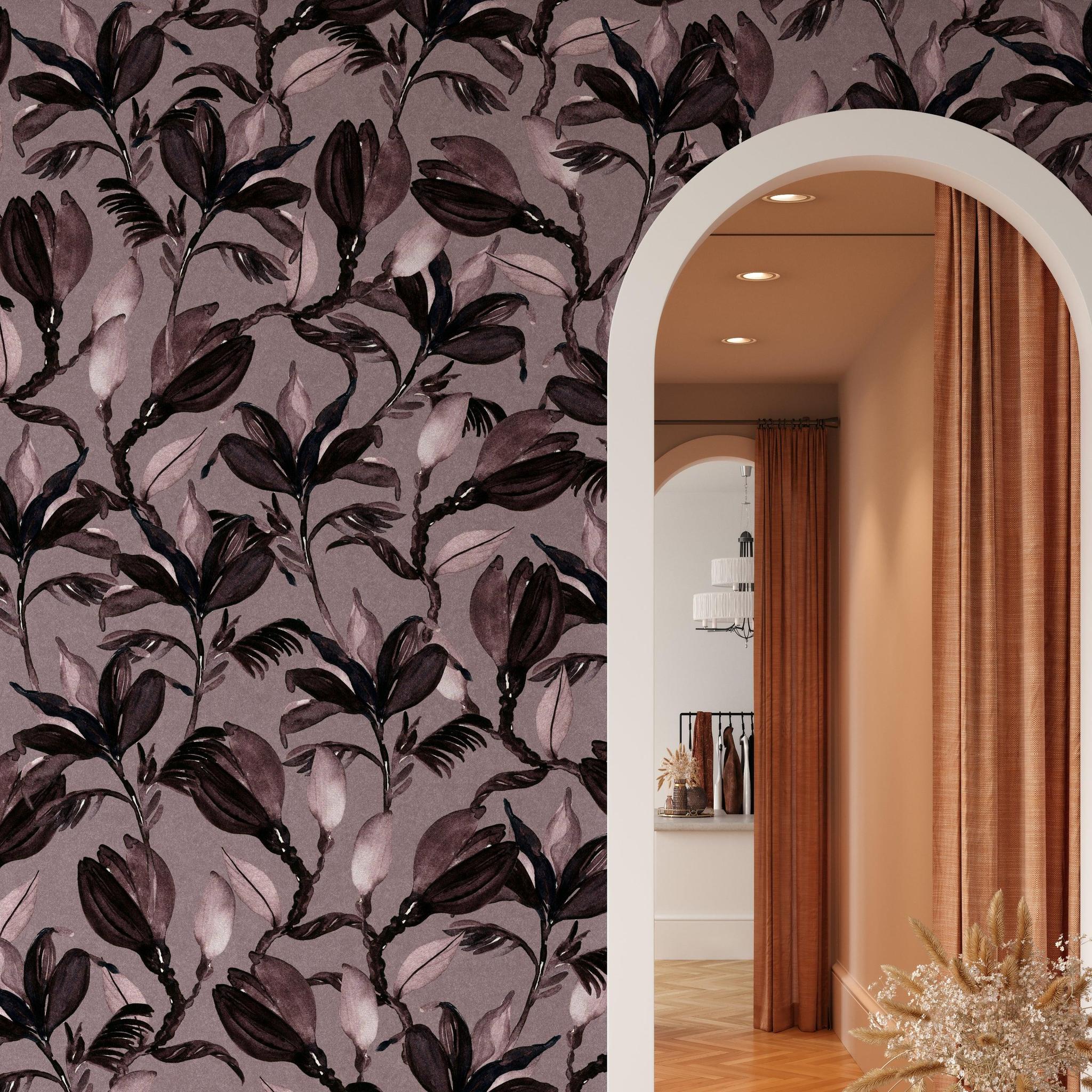 Lovett Wallpaper by Wall Blush SG02 in a modern living room, floral pattern focus