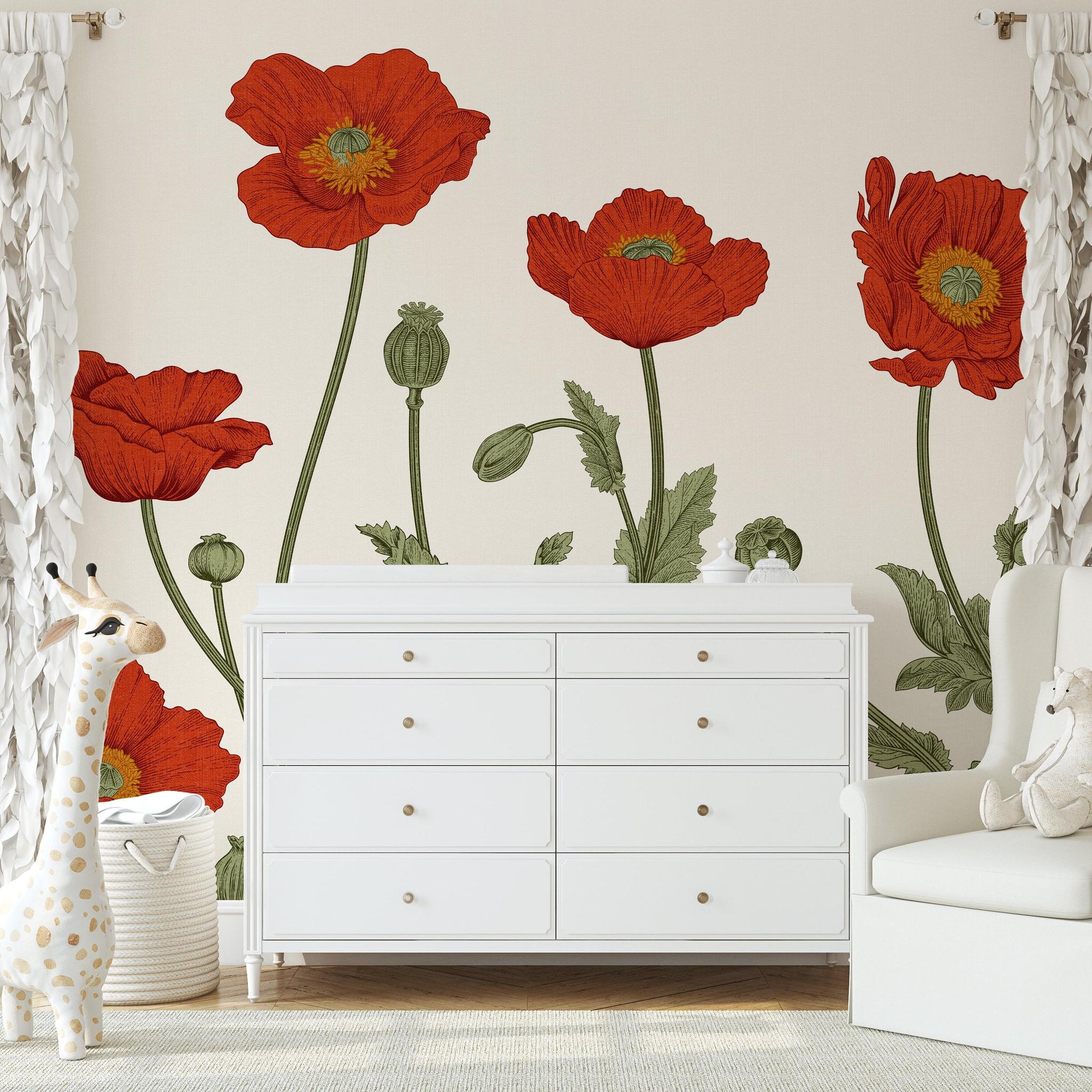 Wall Blush SG02's Poppy Lane Wallpaper in a serene nursery, highlighting large red floral designs.