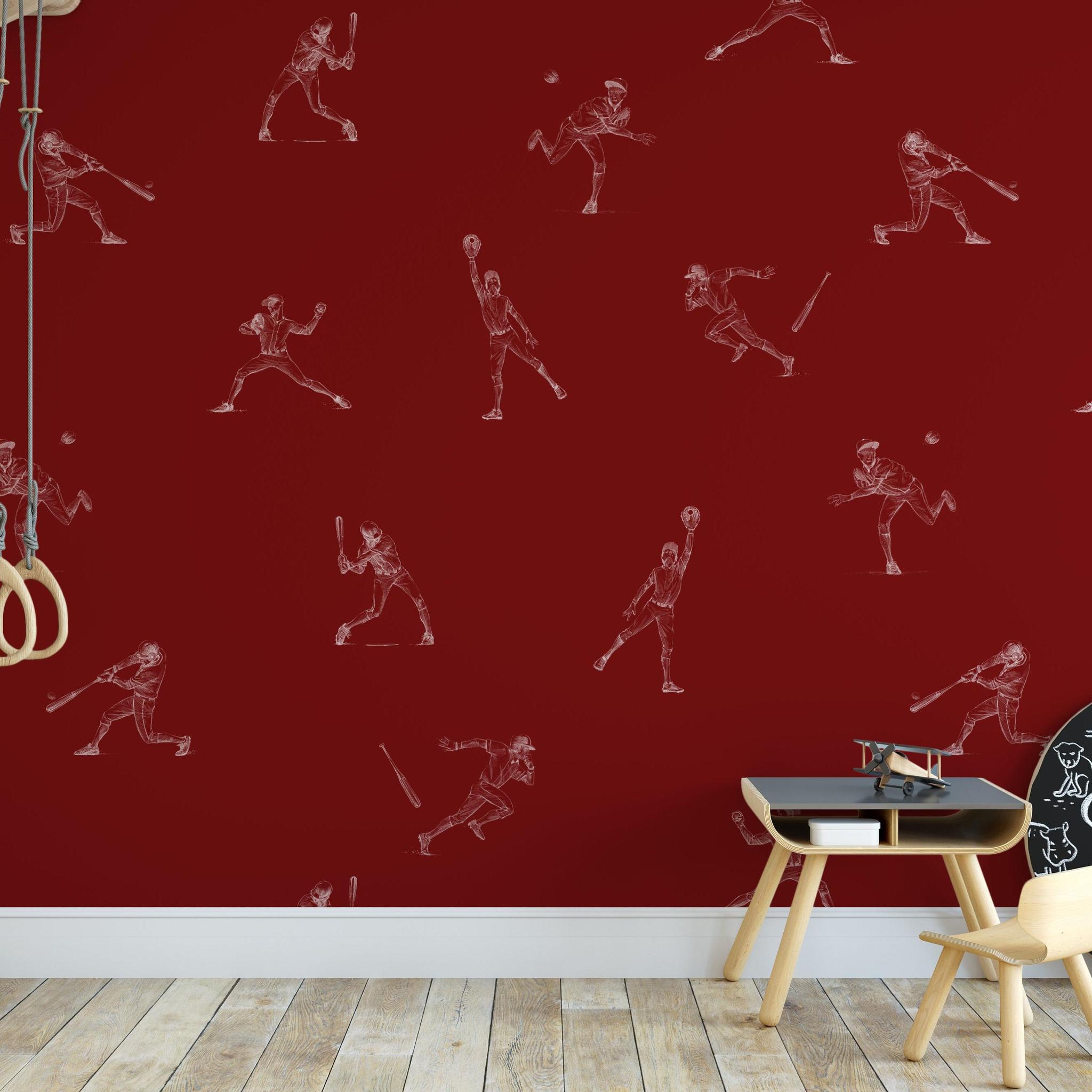 Children's room with Wall Blush SM01 Batter's Up (Red) Wallpaper featuring baseball illustrations.